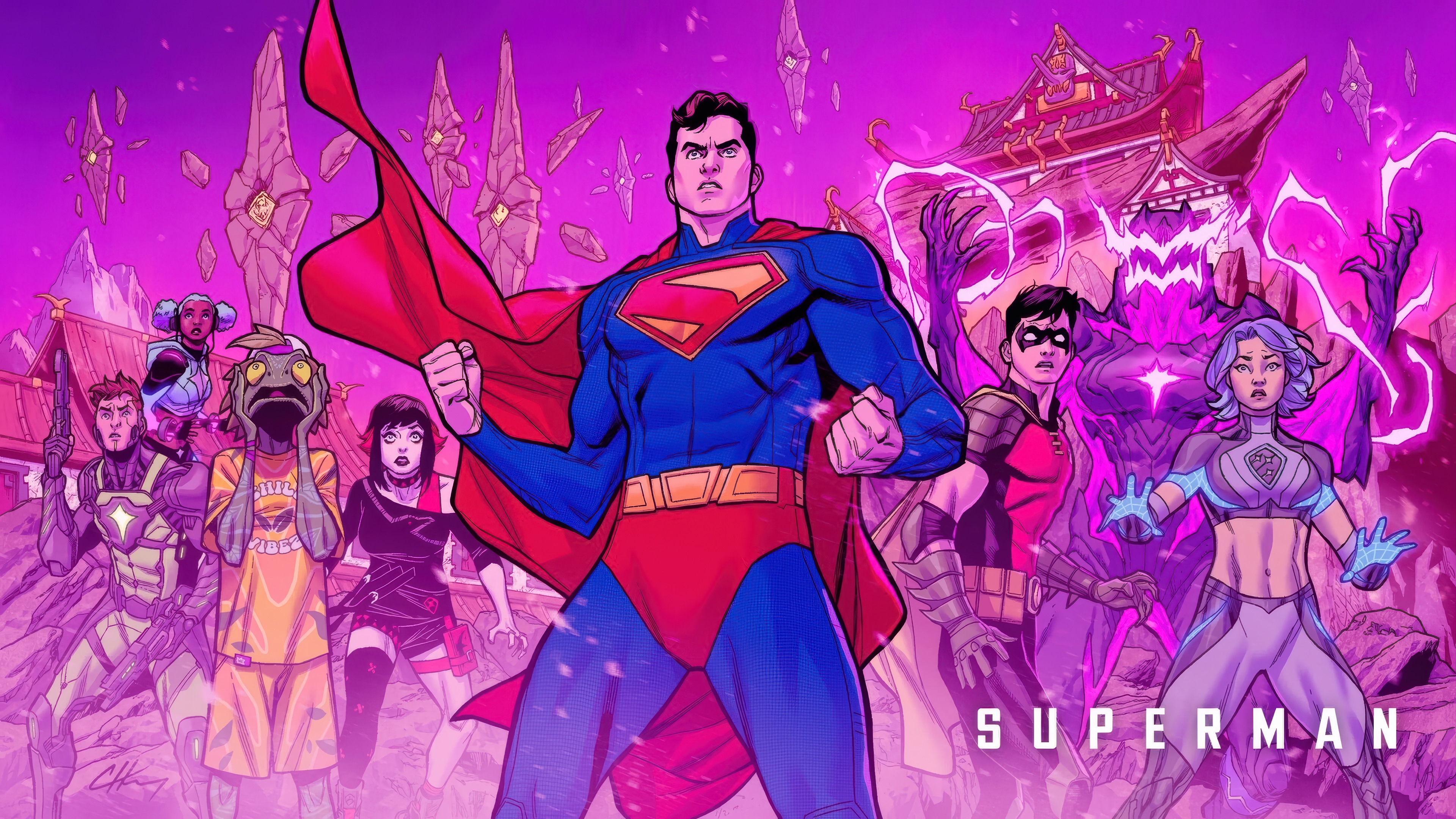 Superman and Allies in a Purple Landscape 4K HD Wallpaper