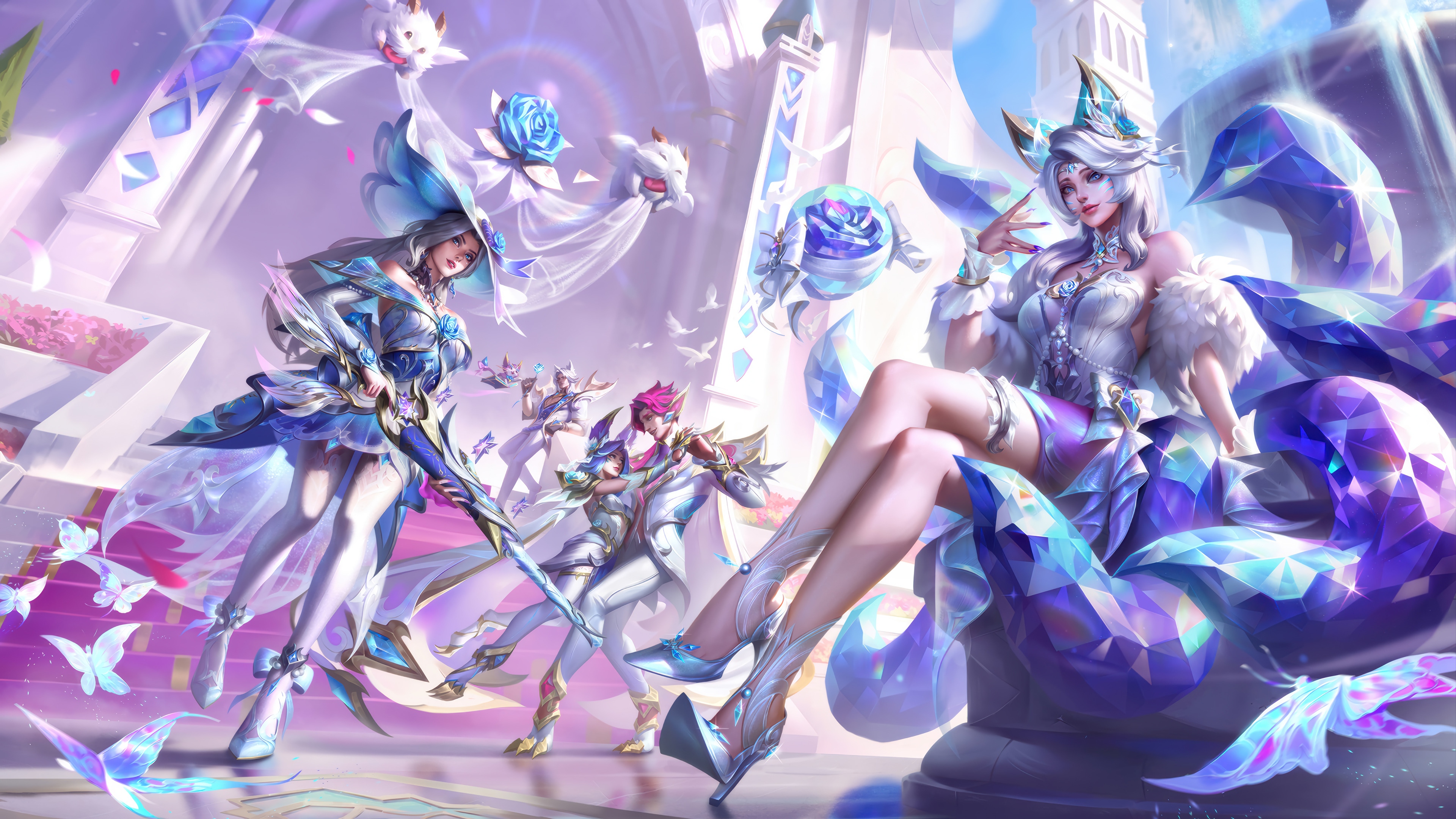 Crystal Rose Ahri, Caitlyn, Xayah, Rakan, Sett, and Yuumi in LoL Wild Rift 4K HD Wallpaper