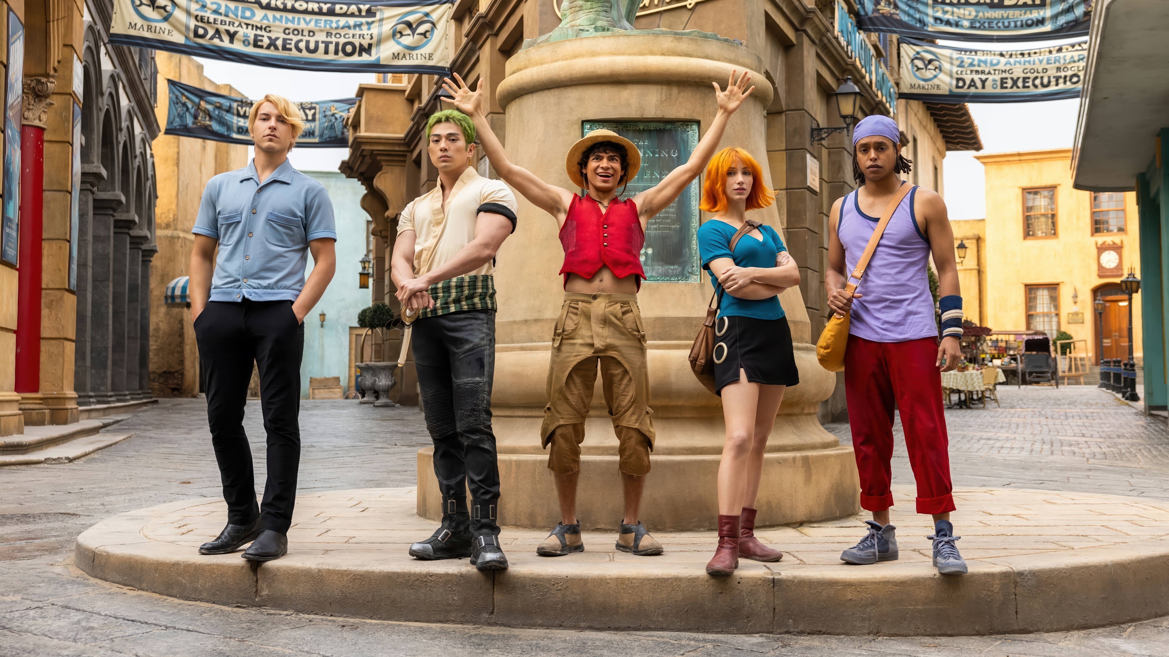 One Piece Live-Action Cast Poses in Street HD Wallpaper