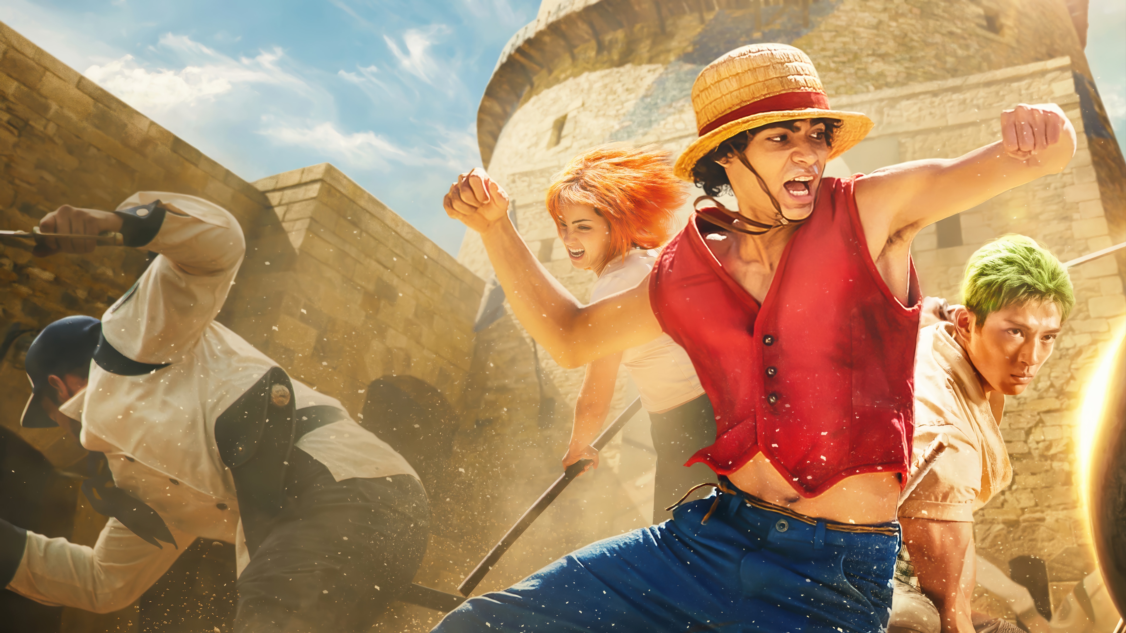 One Piece: Monkey D. Luffy, Roronoa Zoro, and Nami in action HD Wallpaper