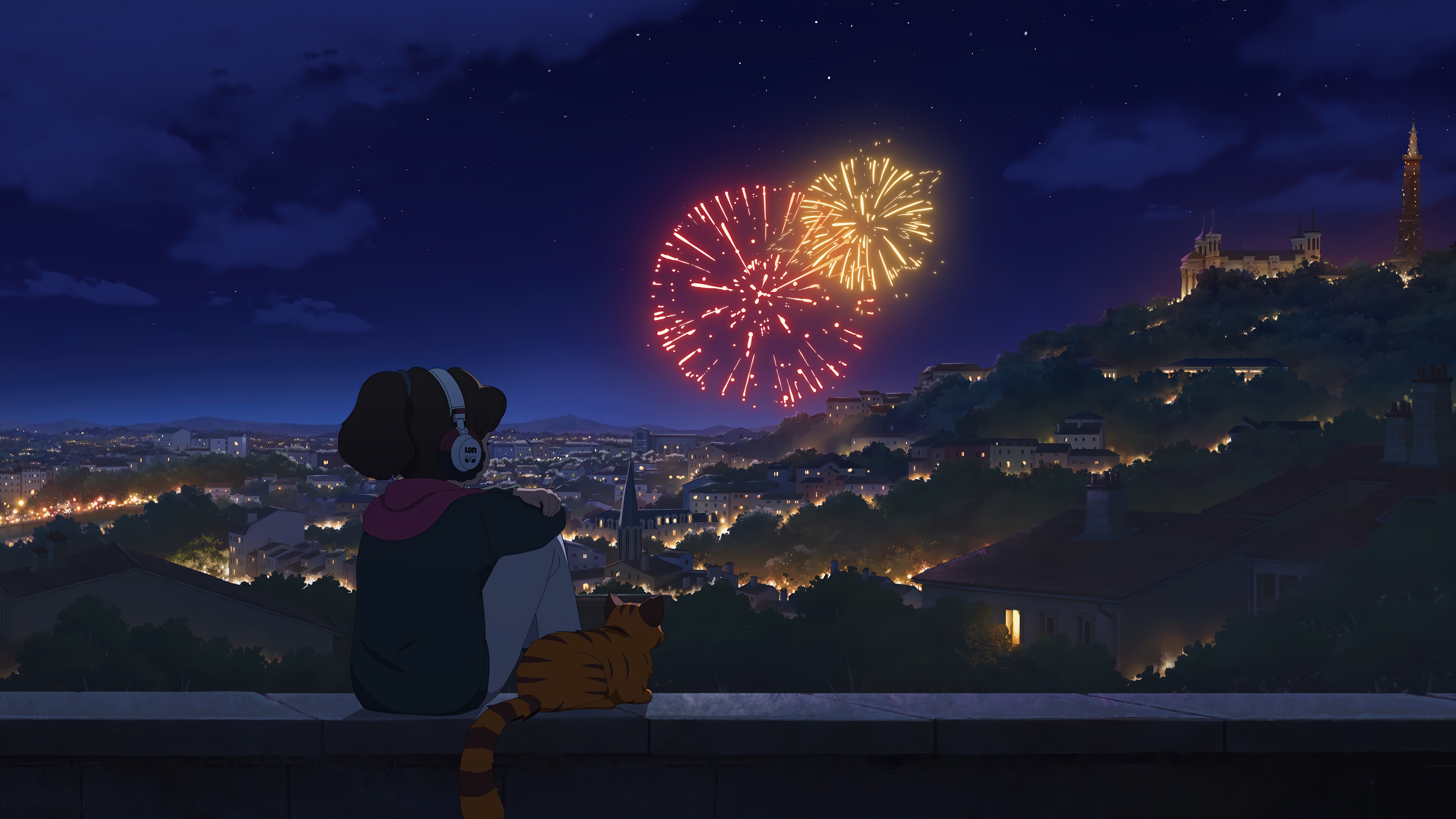 Anime Girl and Cat Watch Fireworks 4K HD Wallpaper