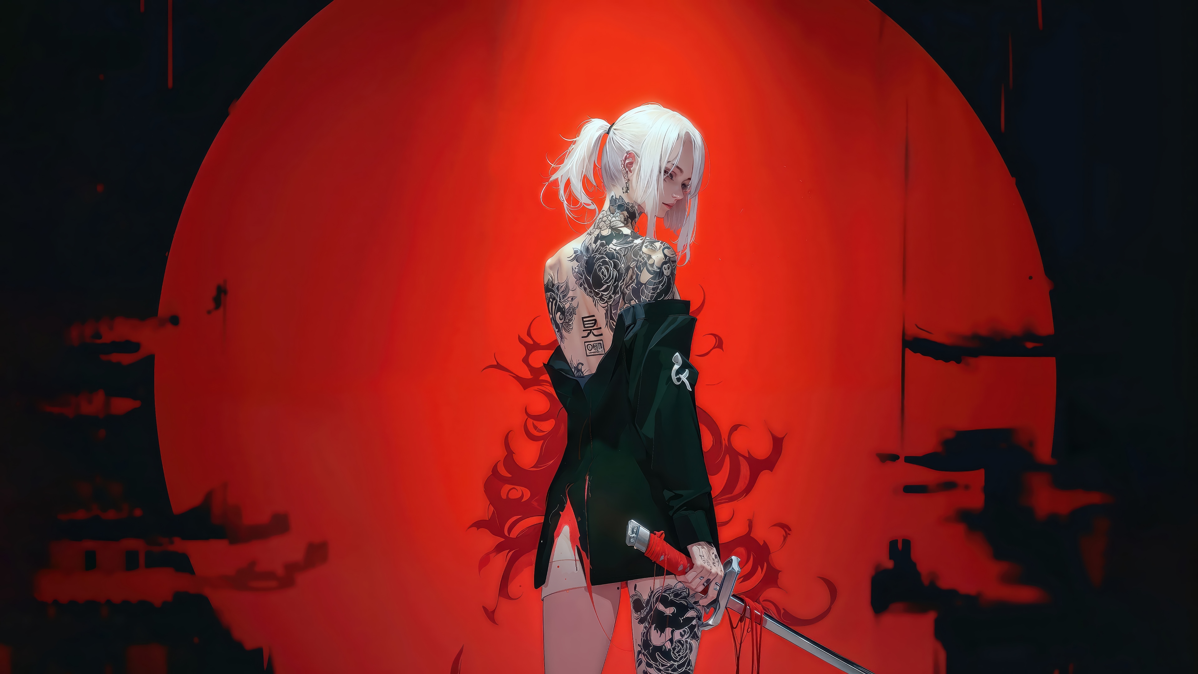 Anime Girl with Tattoos and Katana in 4K HD Wallpaper