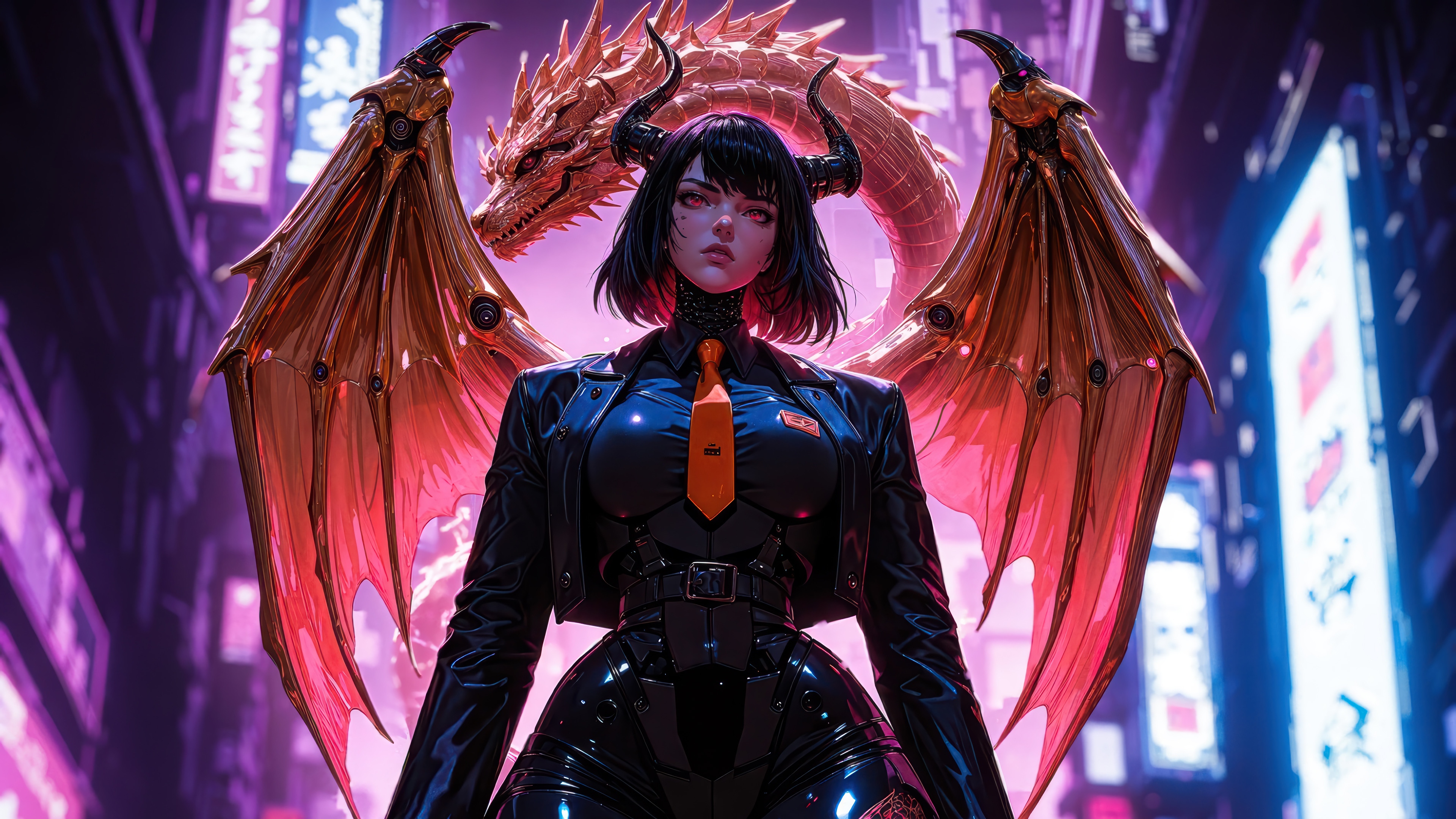 Anime Girl with Dragon Wings and Horns in Sci-Fi City HD Wallpaper