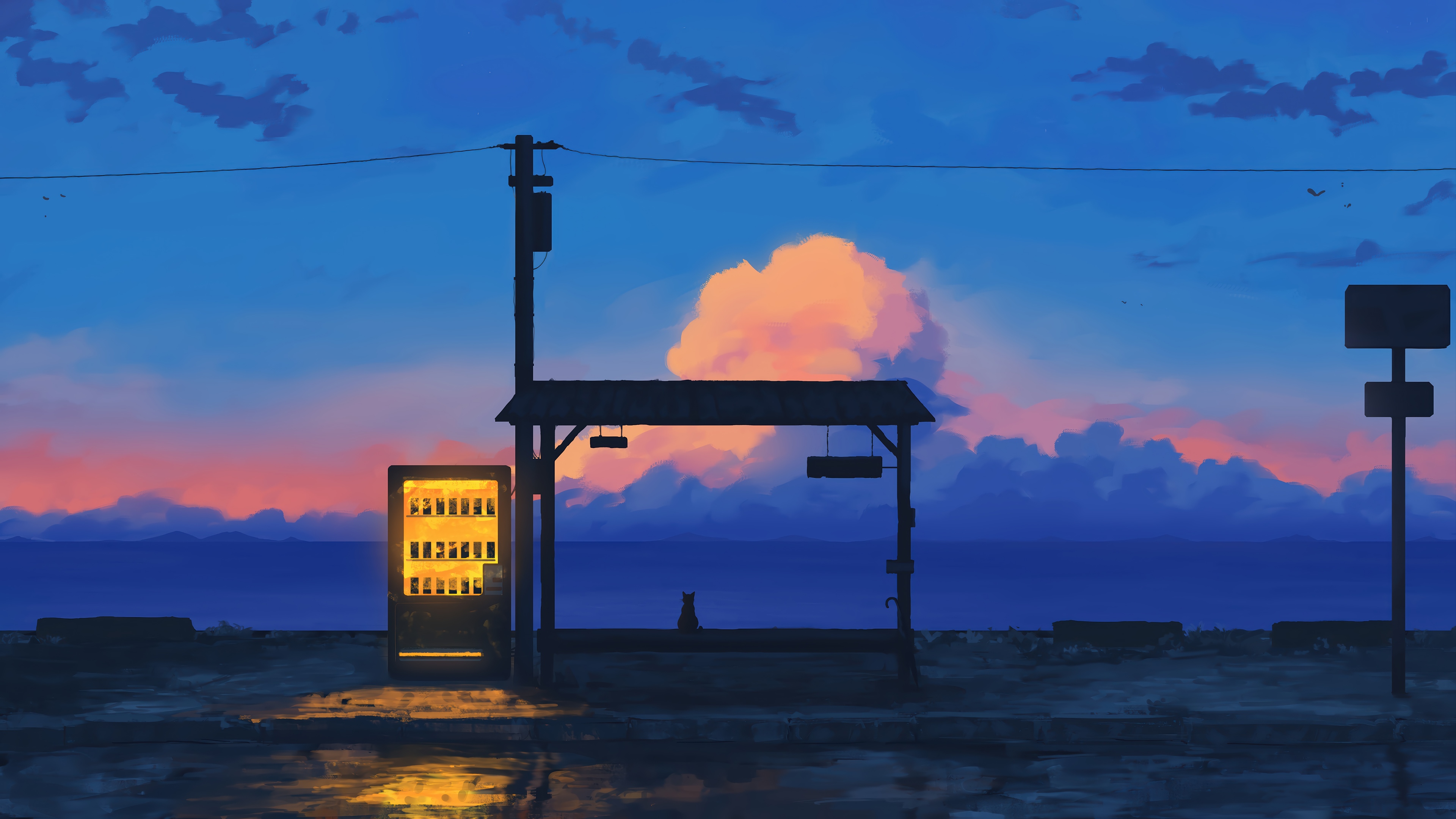 Anime Seaside Scenery with Vending Machine and Cat at Sunrise 4K HD Wallpaper