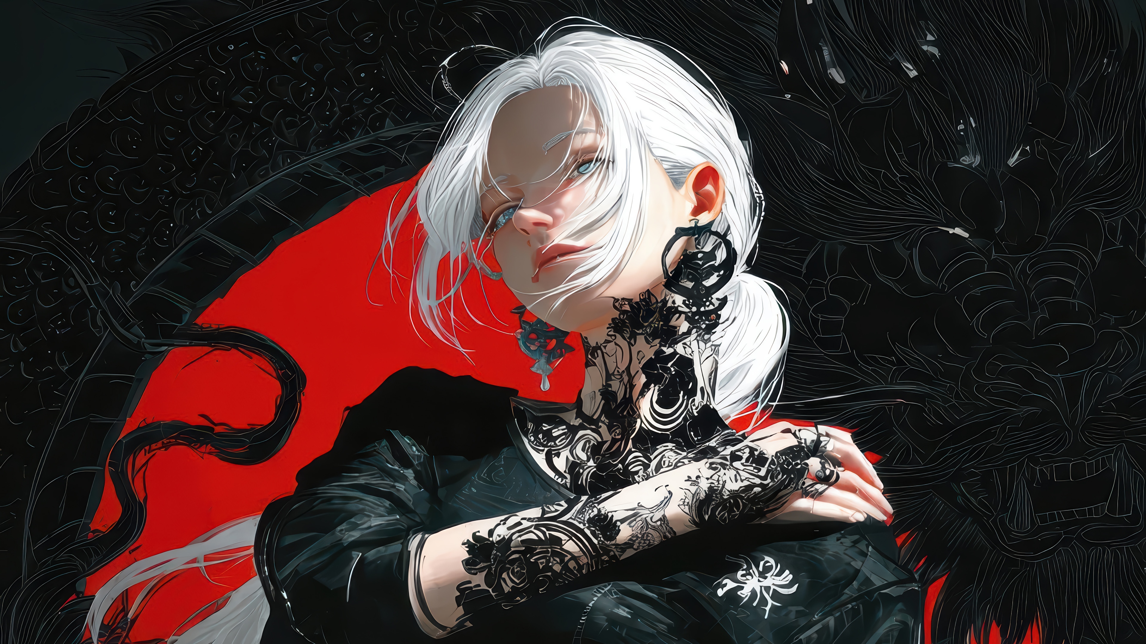 Anime Girl with White Hair and Tattoos 4K HD Wallpaper
