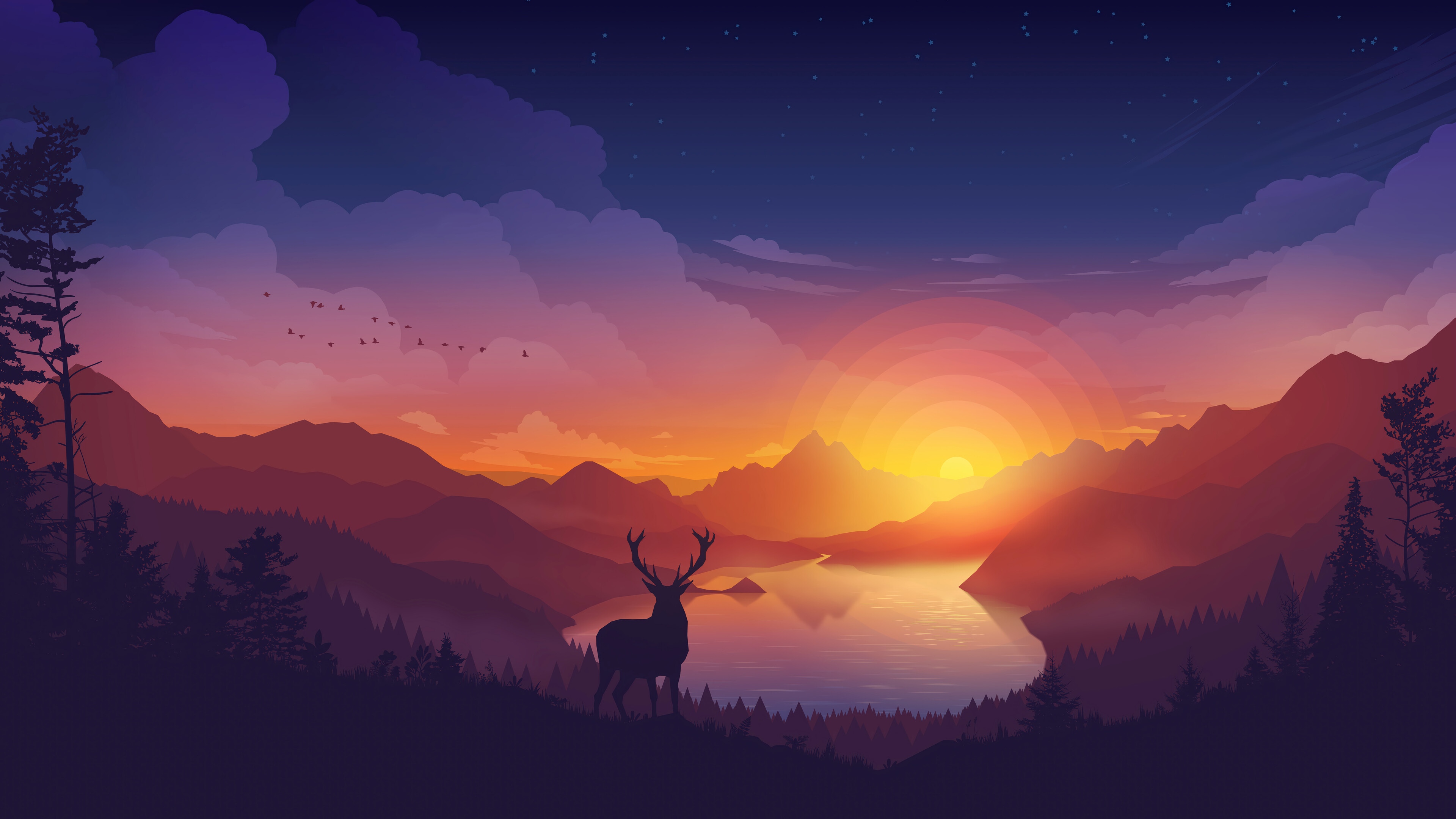 Deer in a minimalist mountain sunset scenery 4K HD Wallpaper