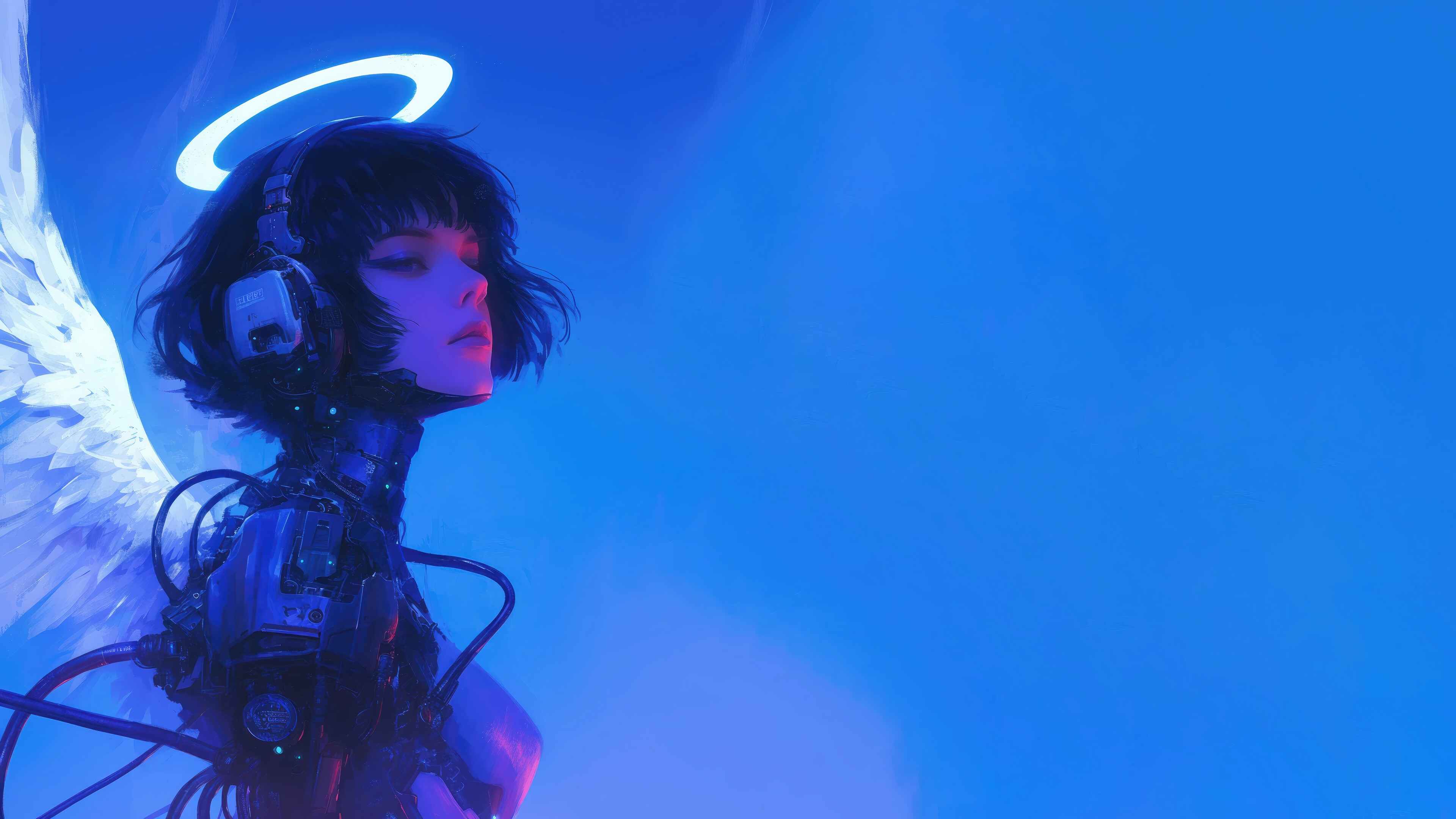 Cyberpunk Angel with Halo and Headphones HD Wallpaper