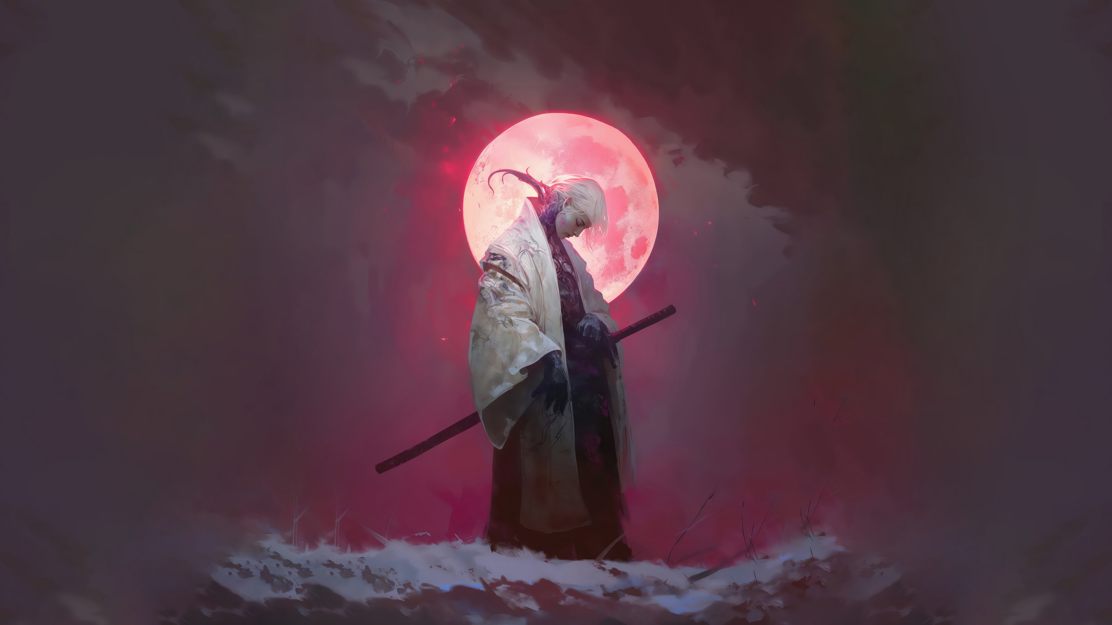 Samurai in Kimono under a Full Moon 4K HD Wallpaper