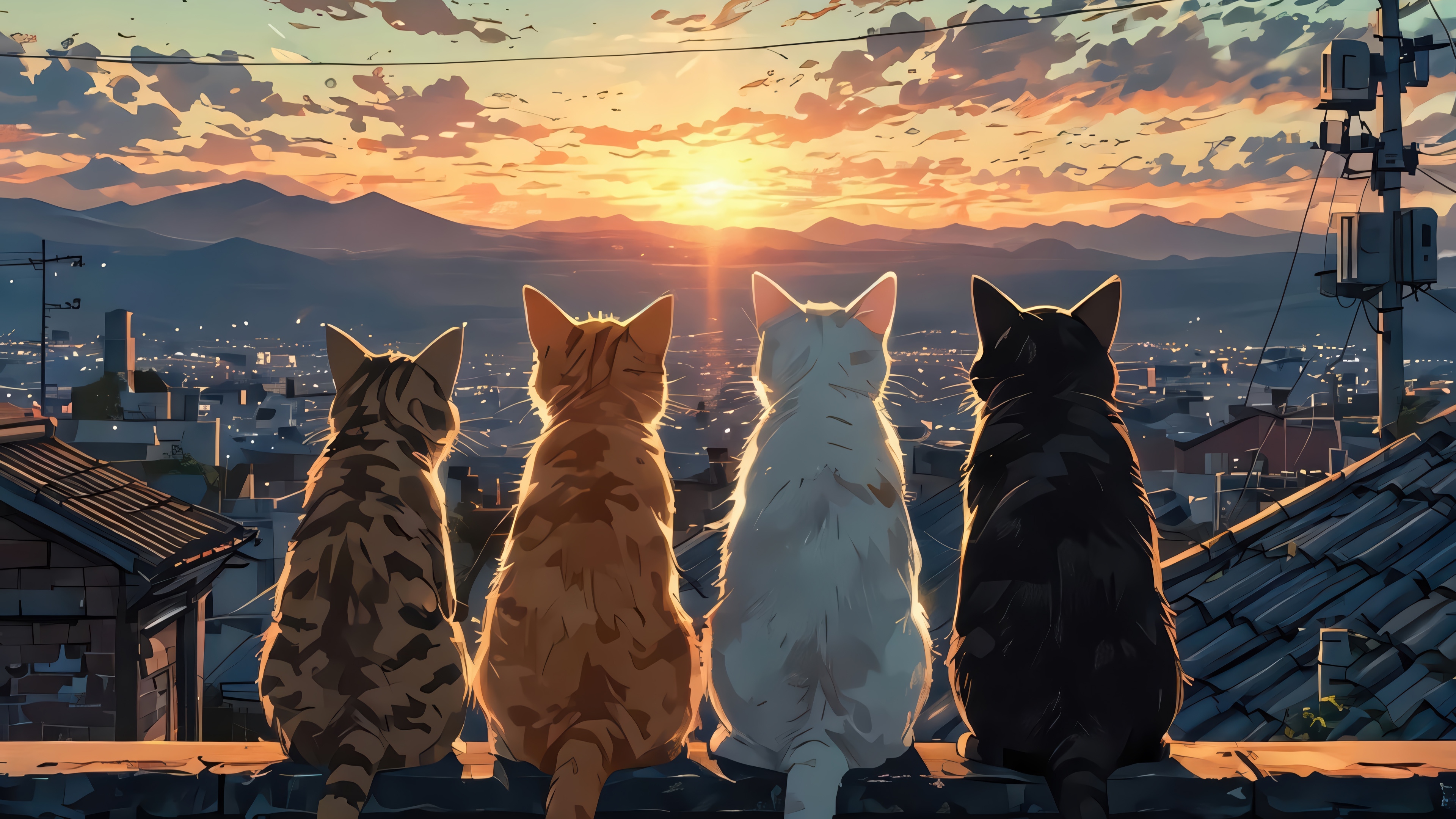 Four cats watching the sunrise over a city, anime style, 4K HD Wallpaper