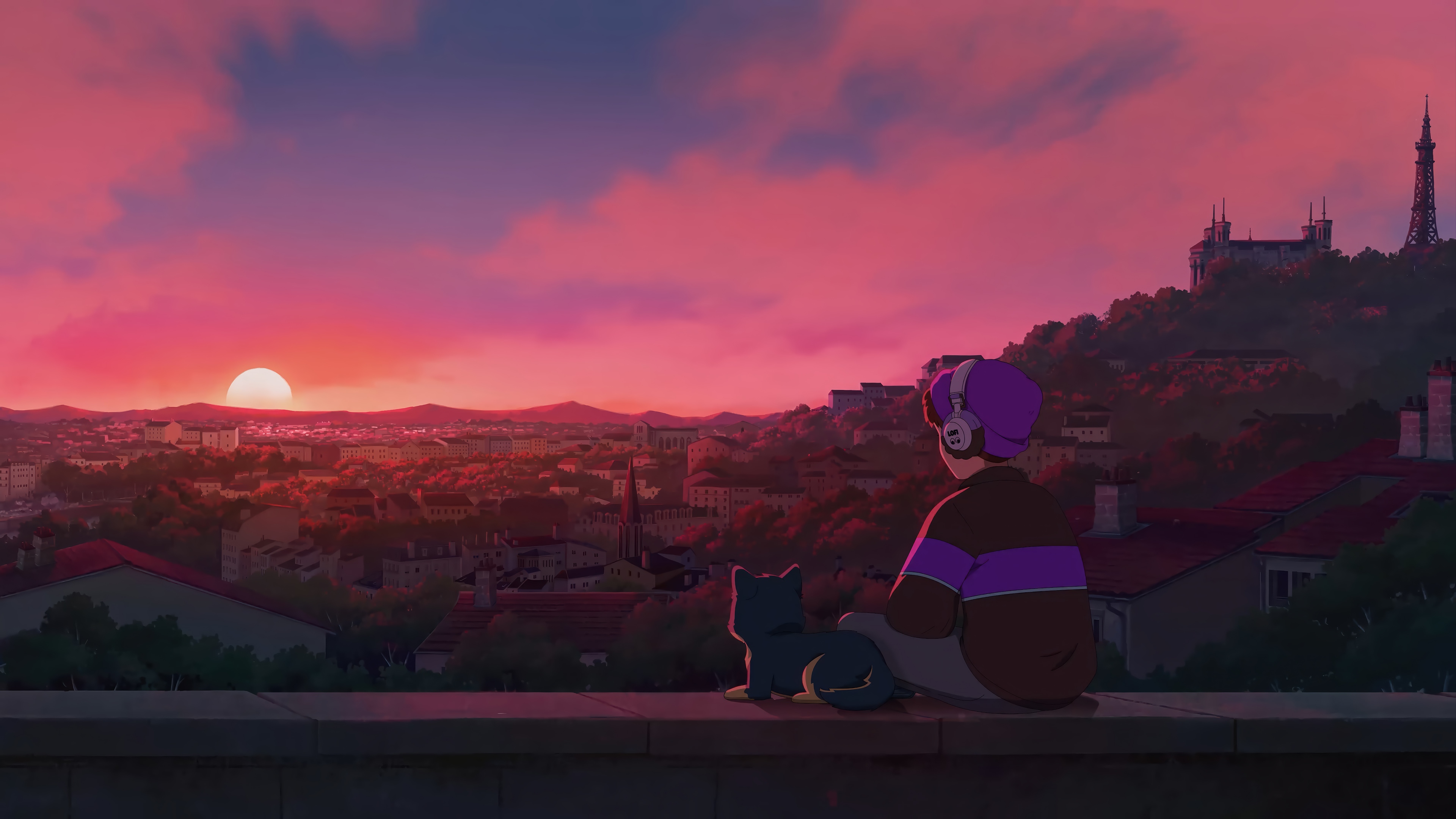 Anime Boy and Cat Watching Sunset Over City 4K HD Wallpaper