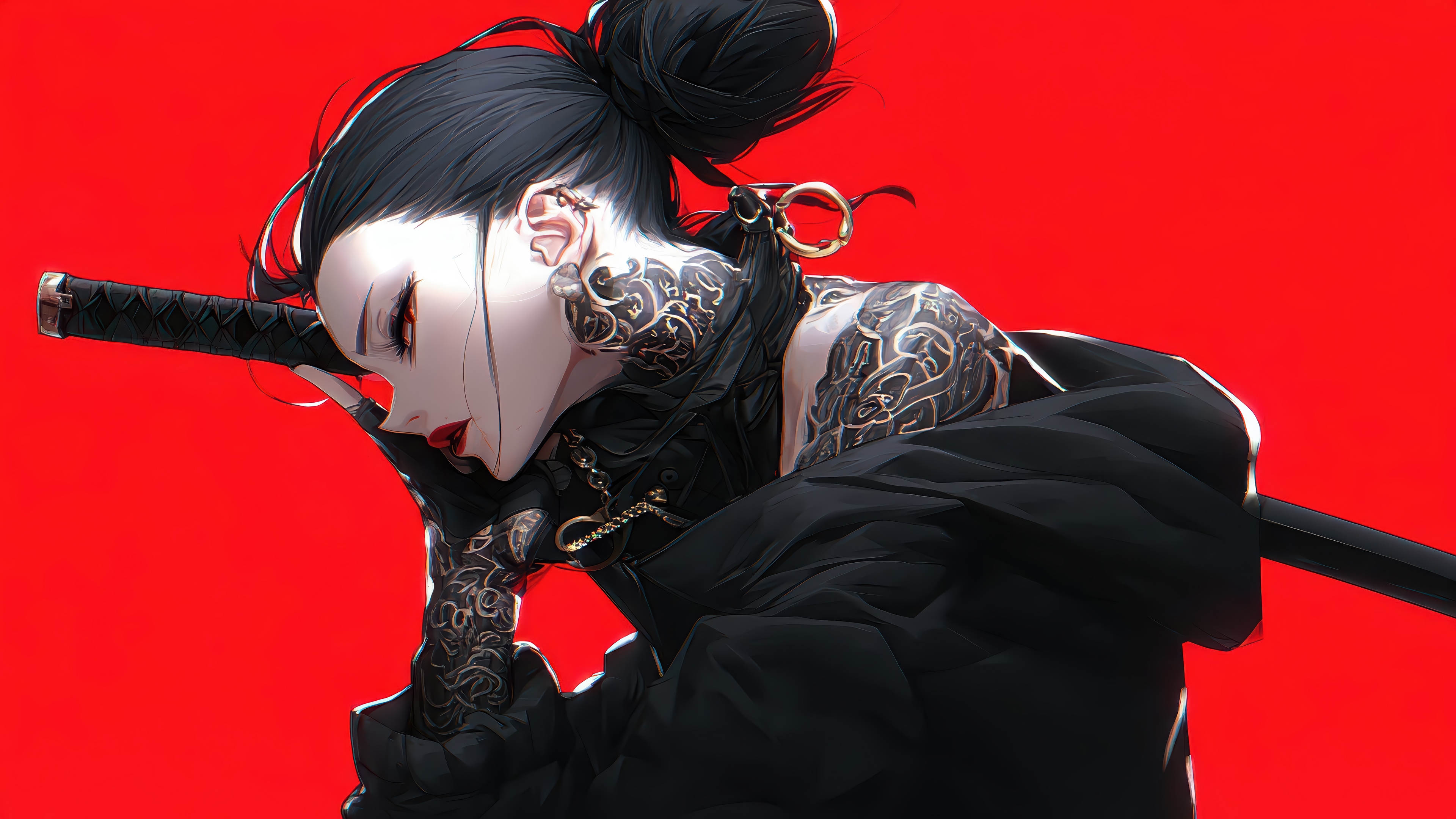 Anime Girl with Katana and Tattoos 4K HD Wallpaper