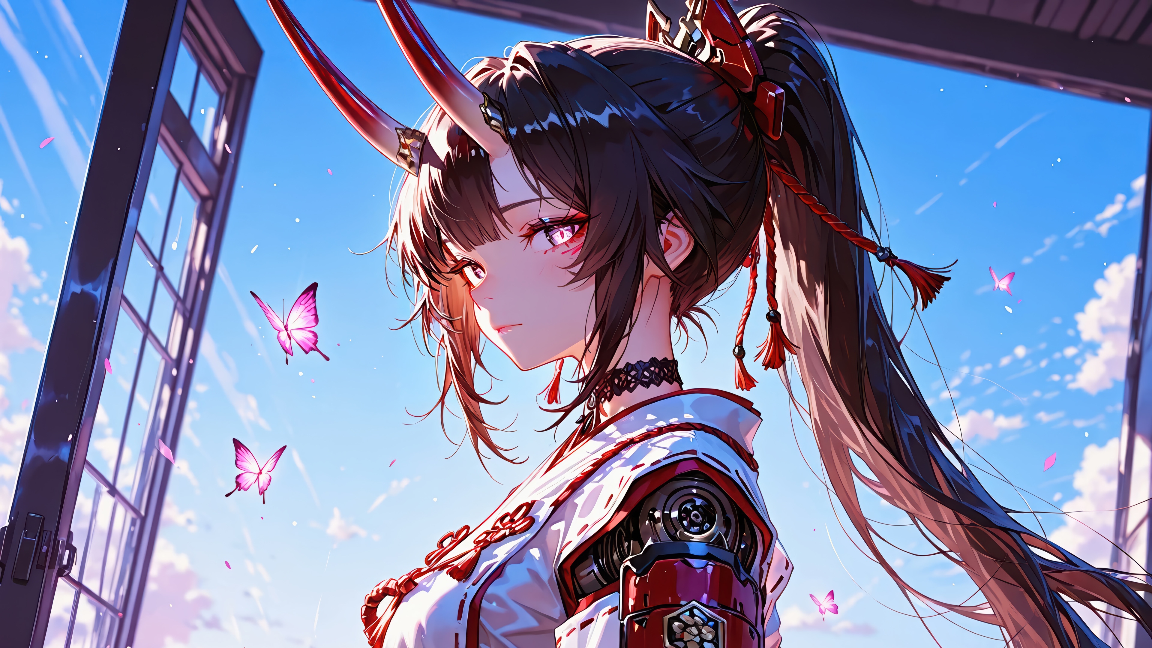 Anime Girl with Horns and Kimono HD Wallpaper