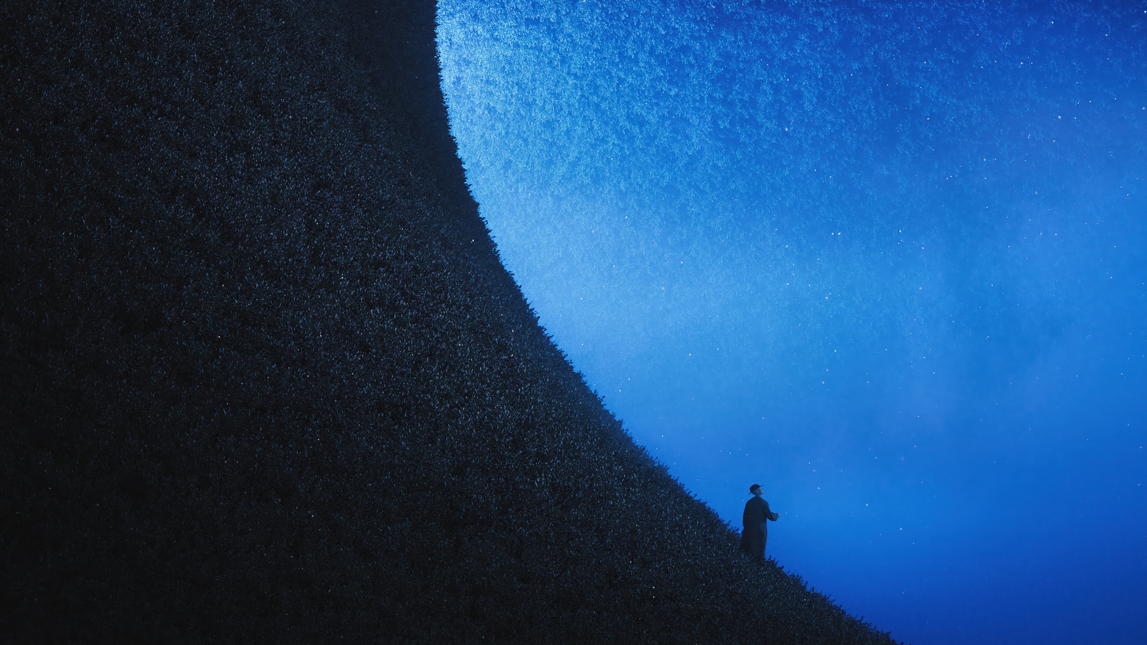 Silhouette on a dark hill under a starry blue sky 4K HD Wallpaper