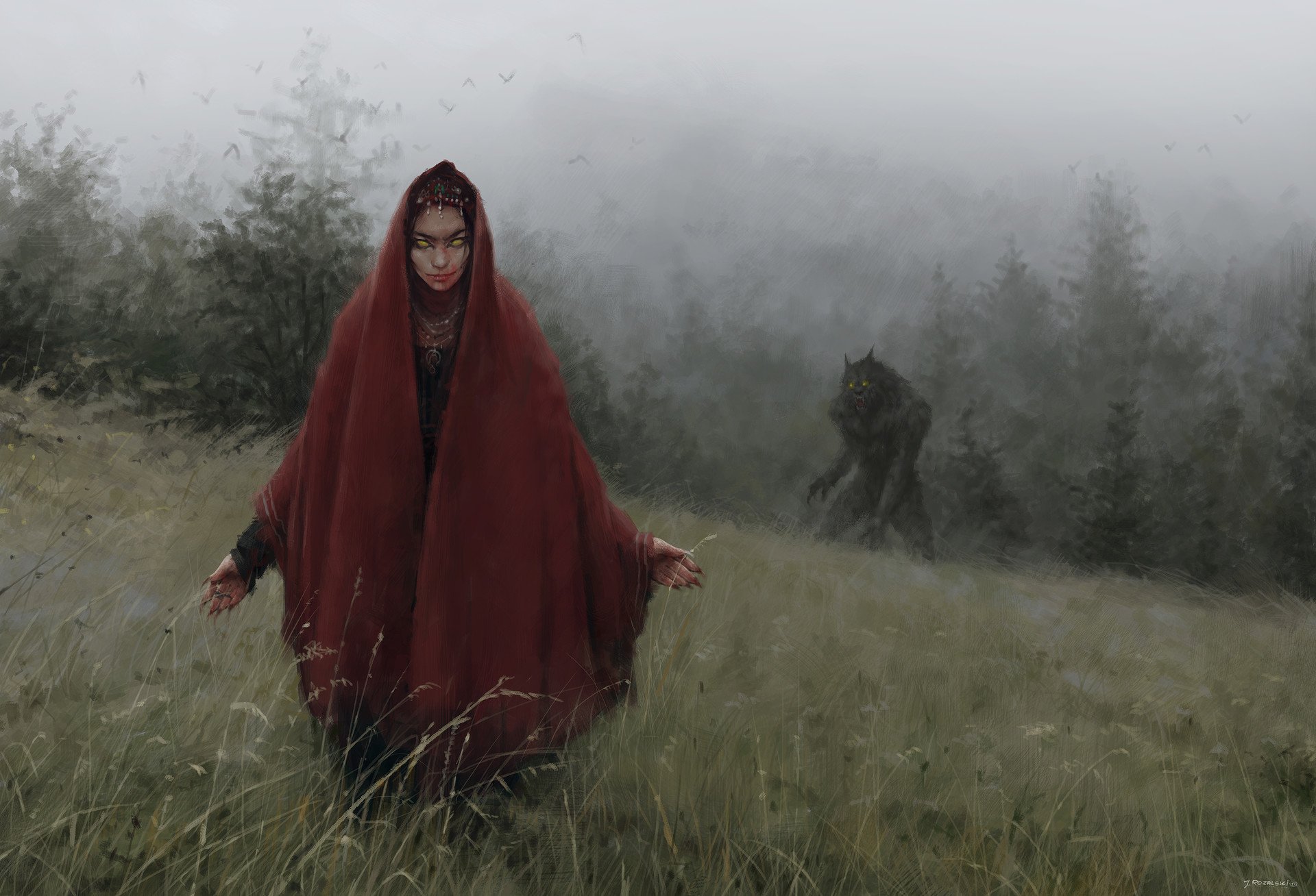 Woman in red cloak and werewolf in misty forest HD Wallpaper