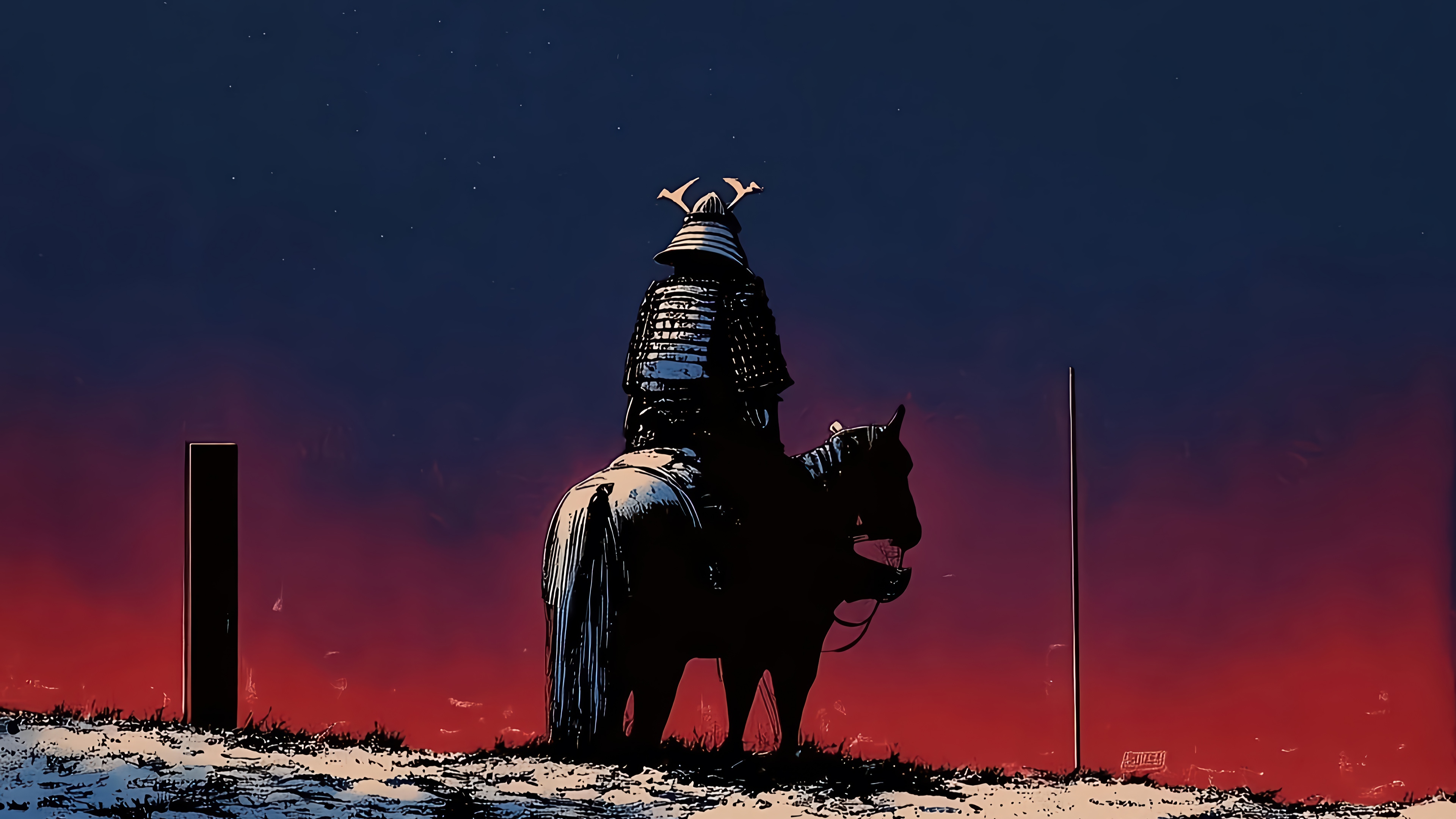 Samurai on Horseback at Dusk HD Wallpaper