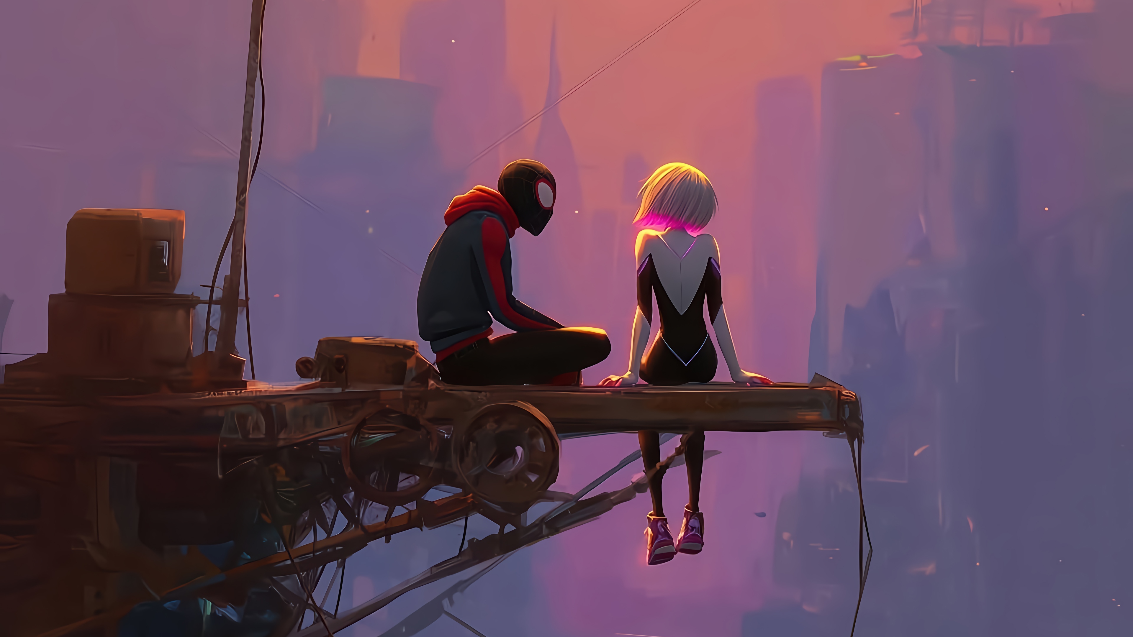 Miles Morales and Spider-Gwen sitting on a platform HD Wallpaper