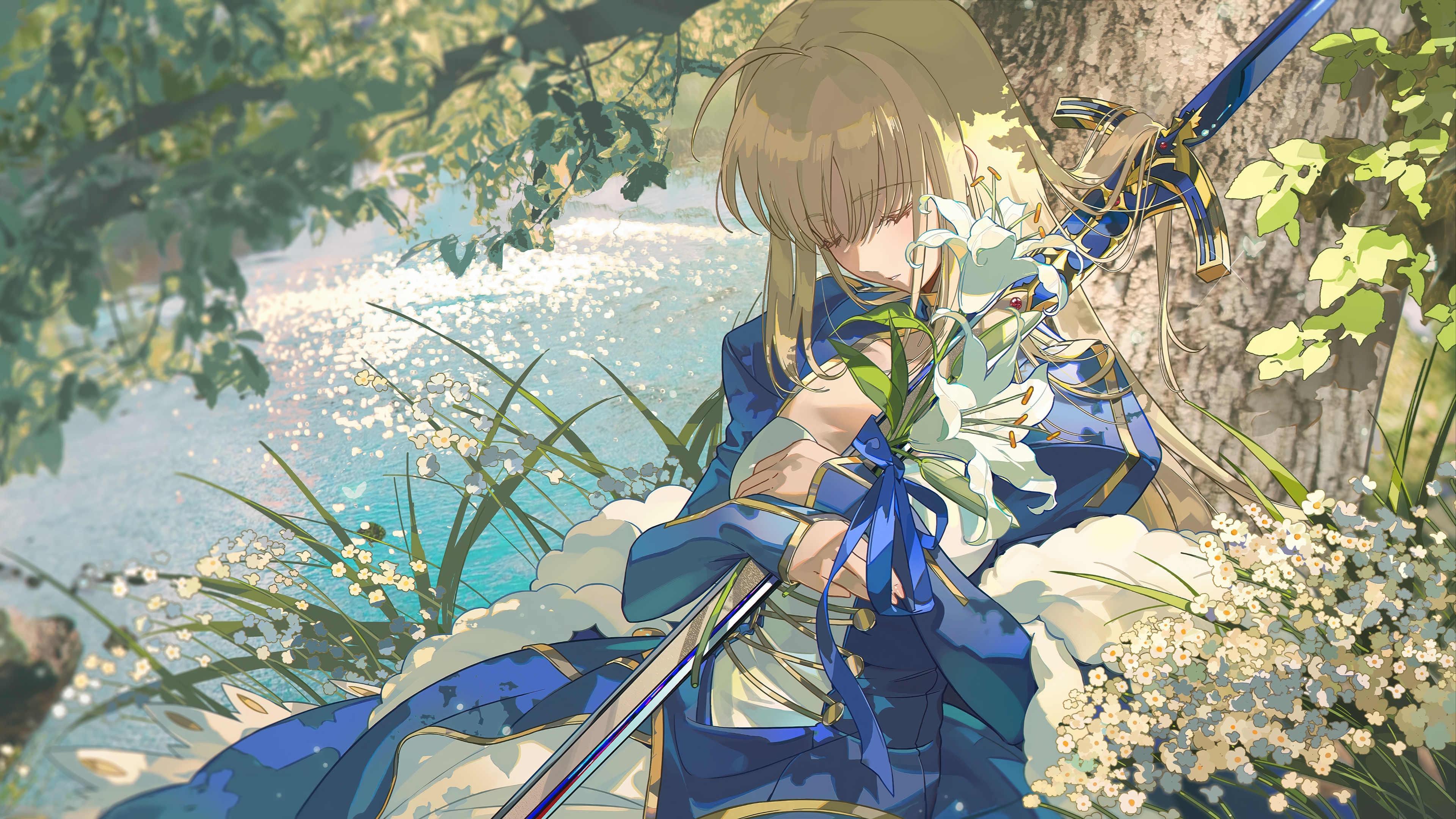 Saber from Fate Grand/Order holding lilies HD Wallpaper