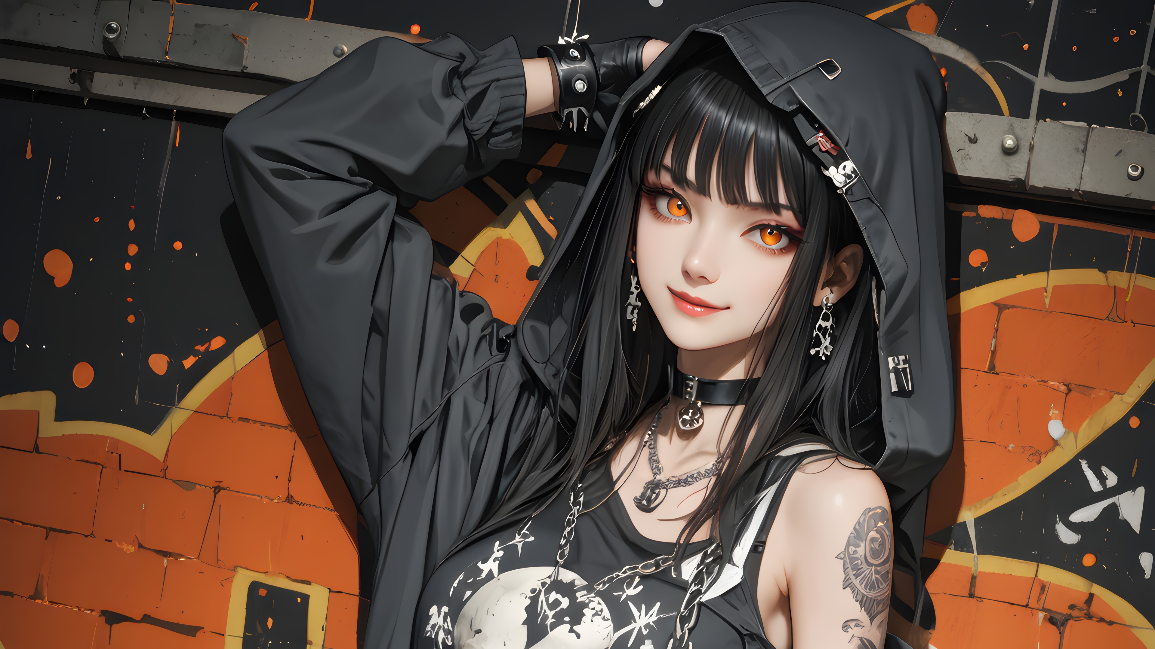 Anime Girl in Hoodie with Orange Eyes HD Wallpaper