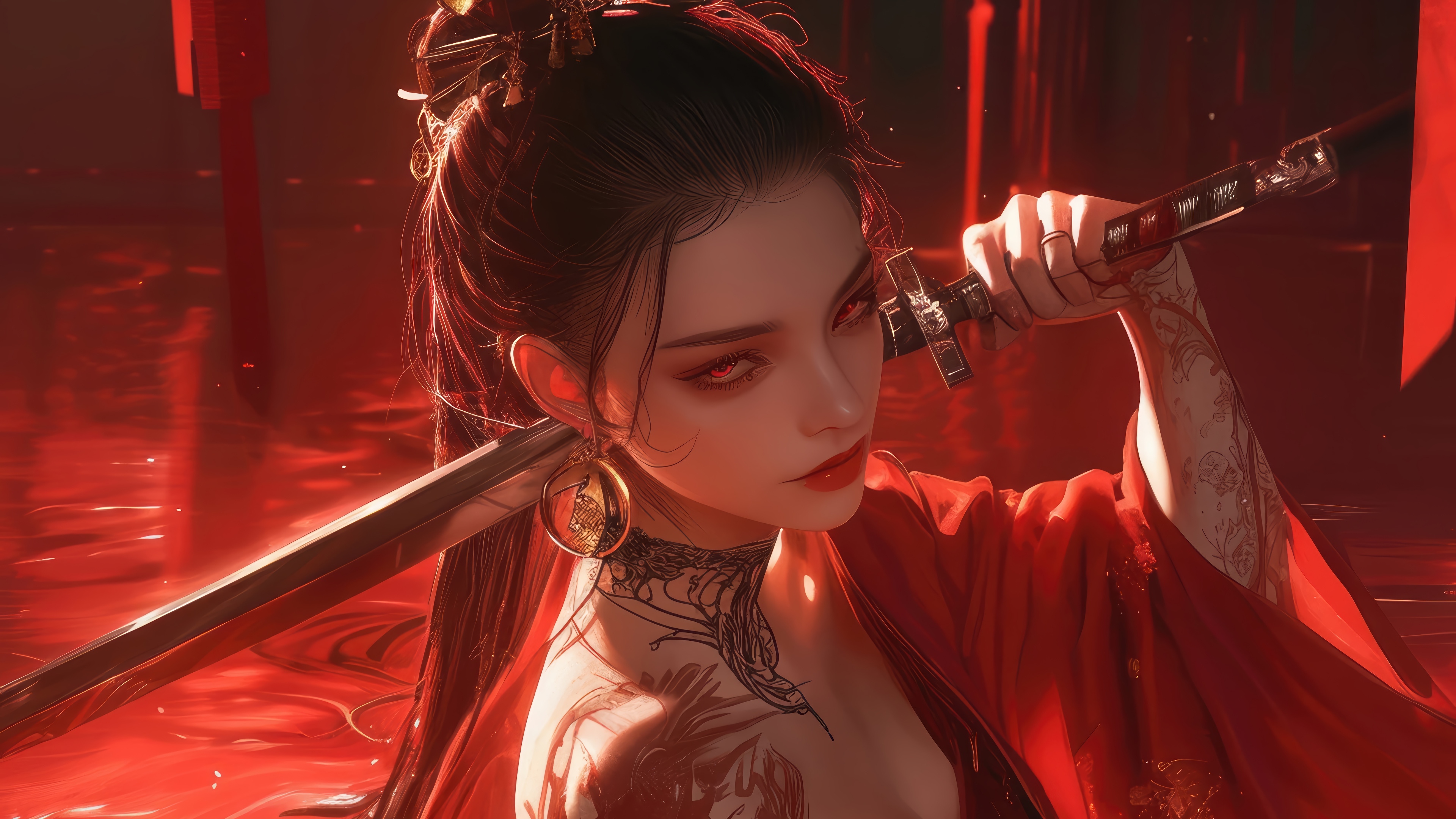 Girl with Katana and Red Eyes 4K HD Wallpaper