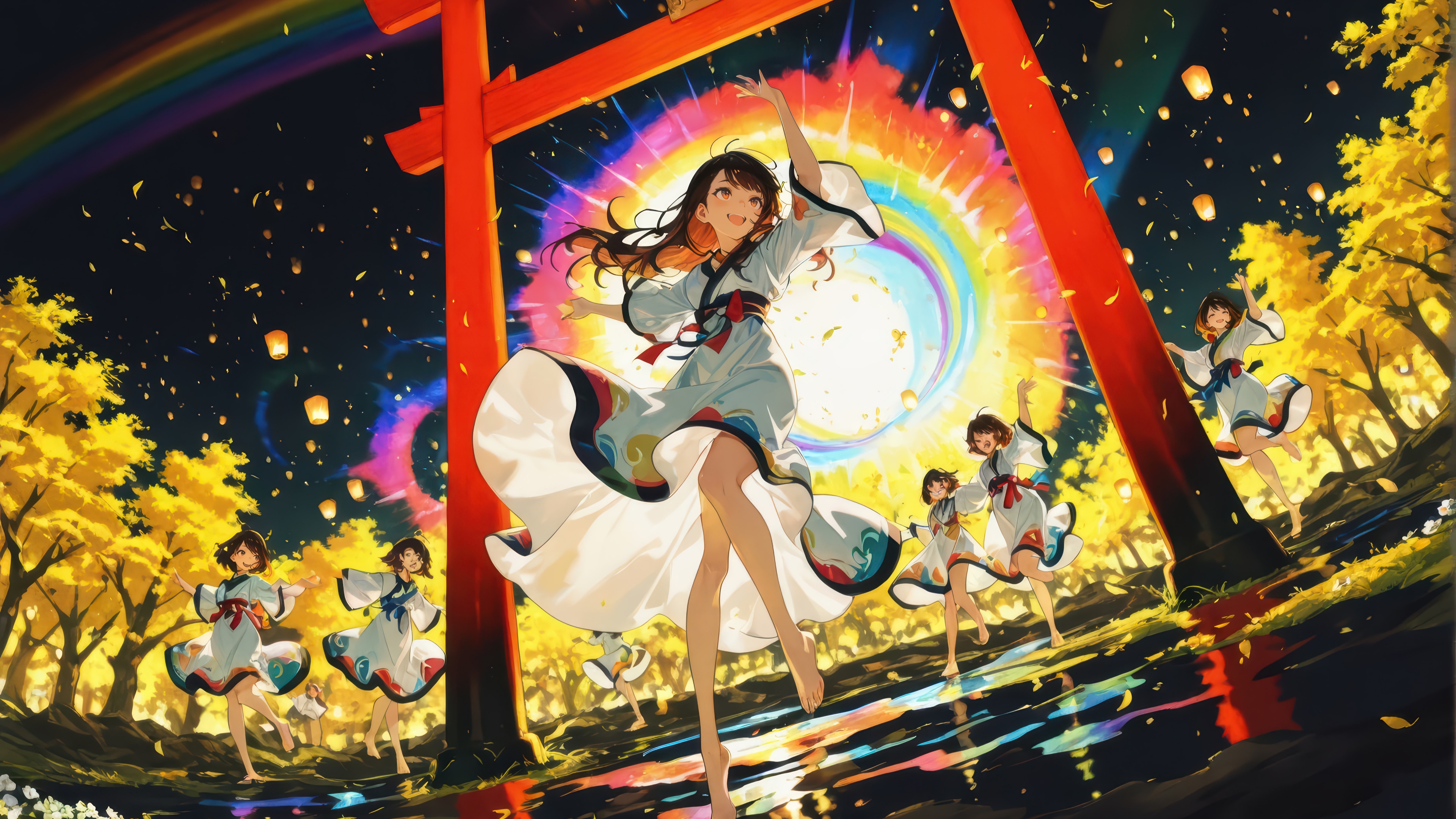 Anime Girls Dancing Under a Torii Gate with Rainbow HD Wallpaper