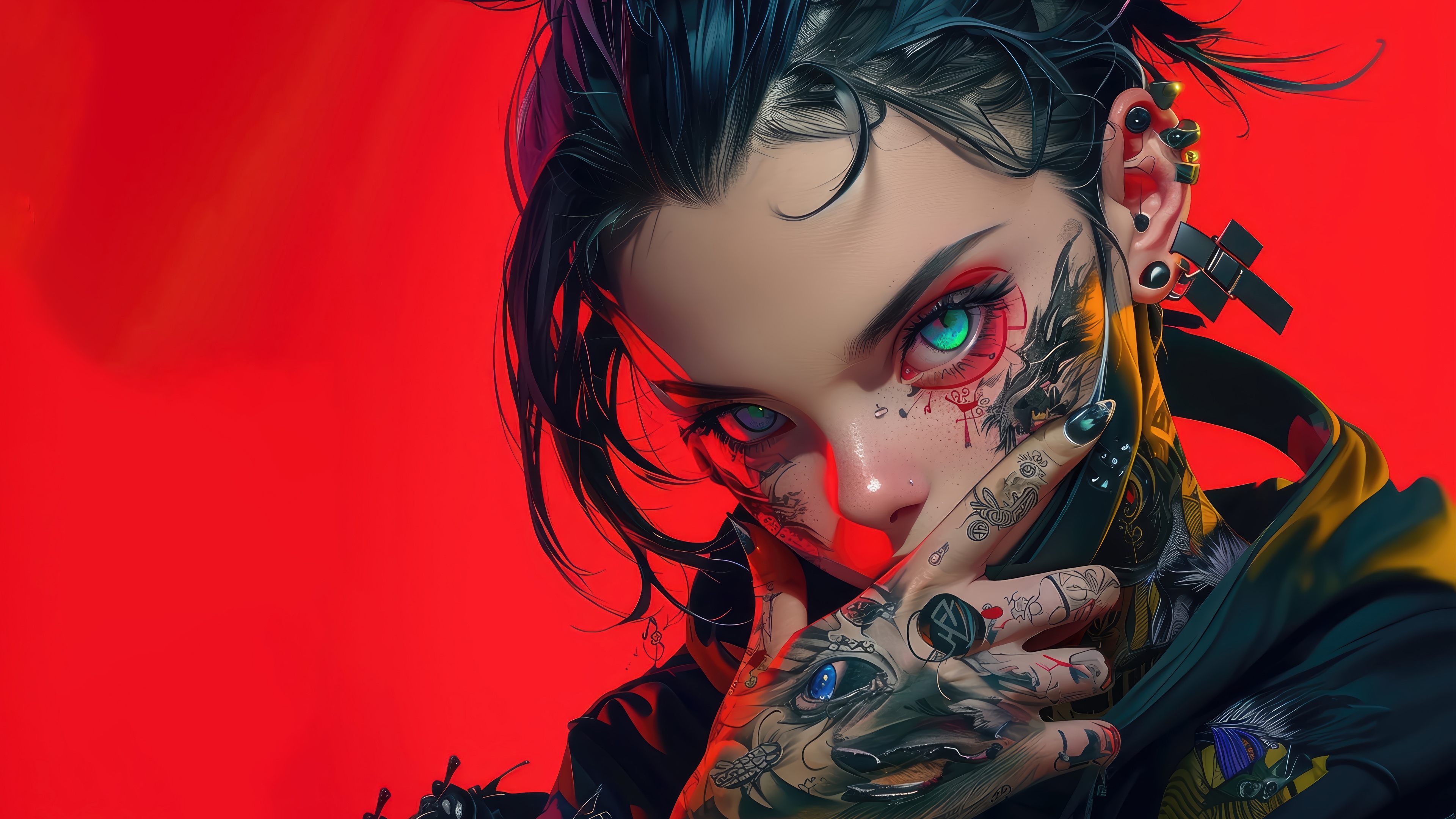 Anime girl with tattoos and piercings HD Wallpaper