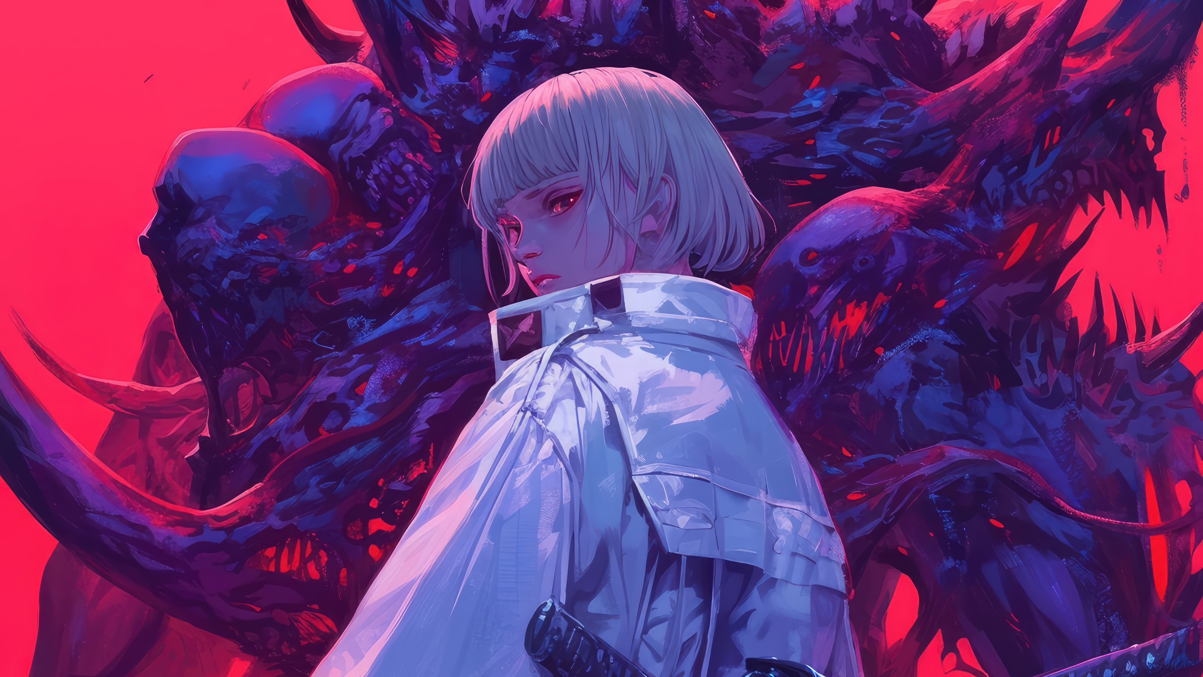 Anime Girl with Red Eyes and Monster 4K HD Wallpaper