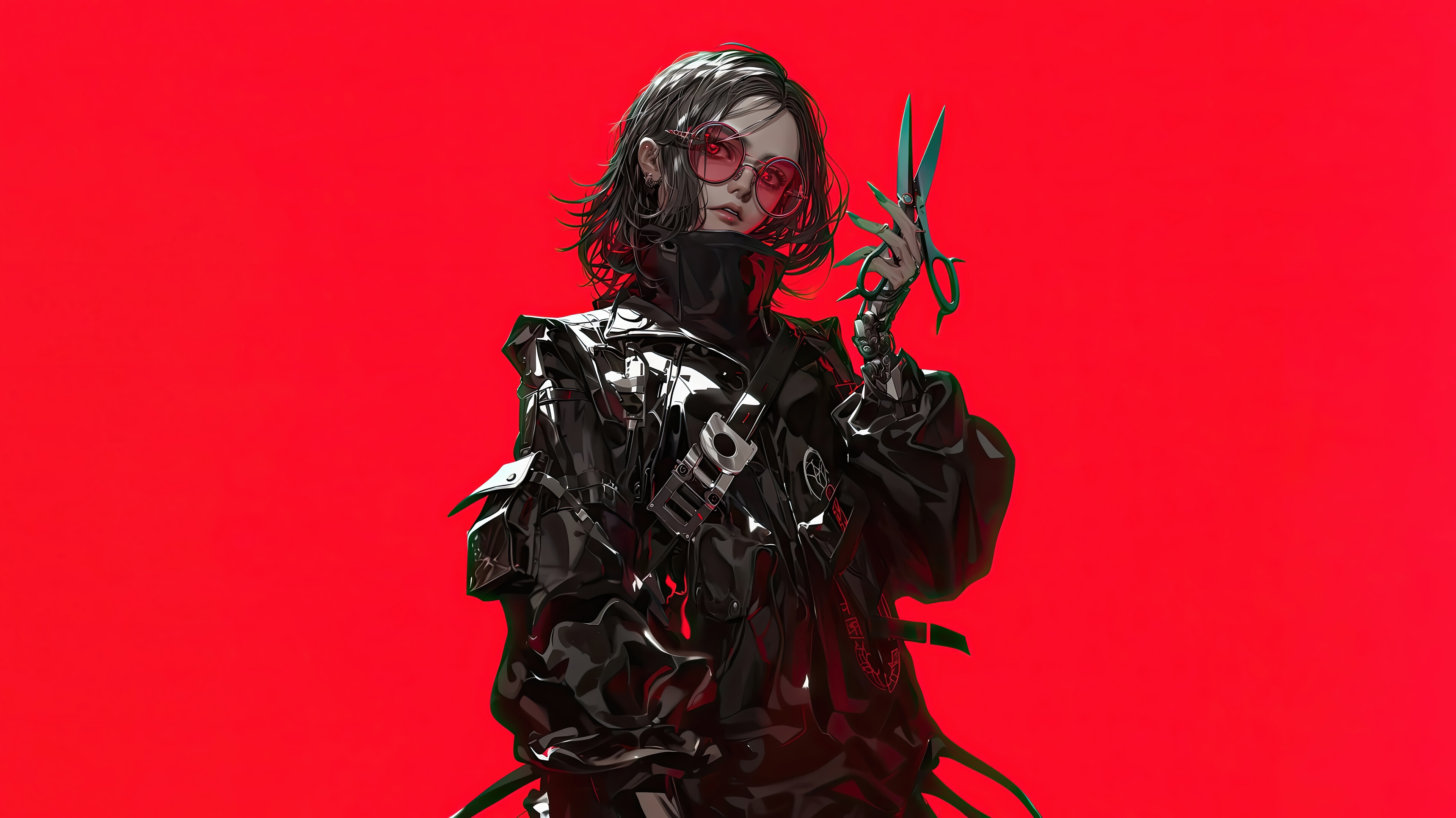 Anime Girl with Red Eyes and Glasses Holding Scissors 4K HD Wallpaper