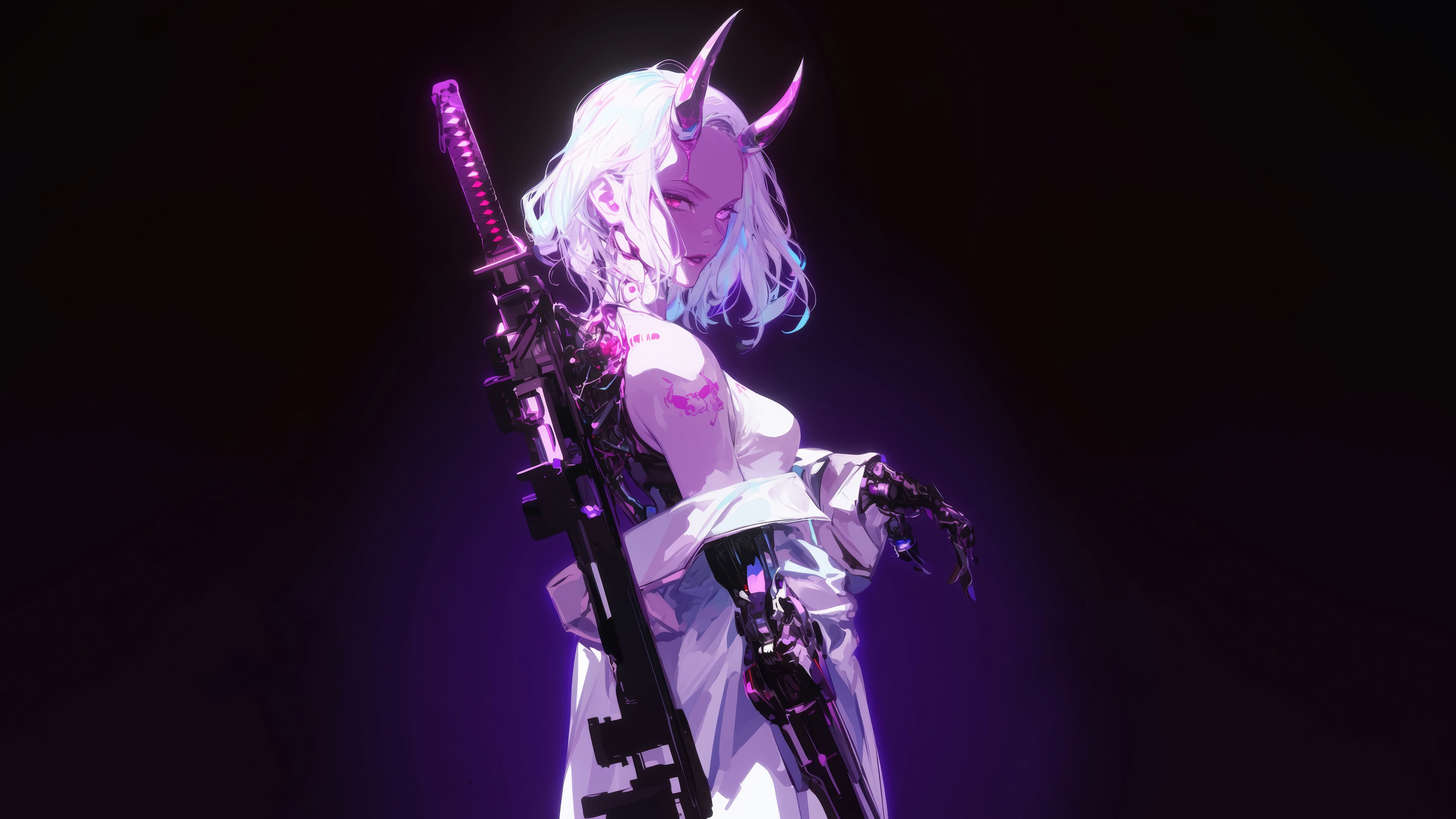 Cyberpunk Demon Girl with Katana and Rifle 4K HD Wallpaper