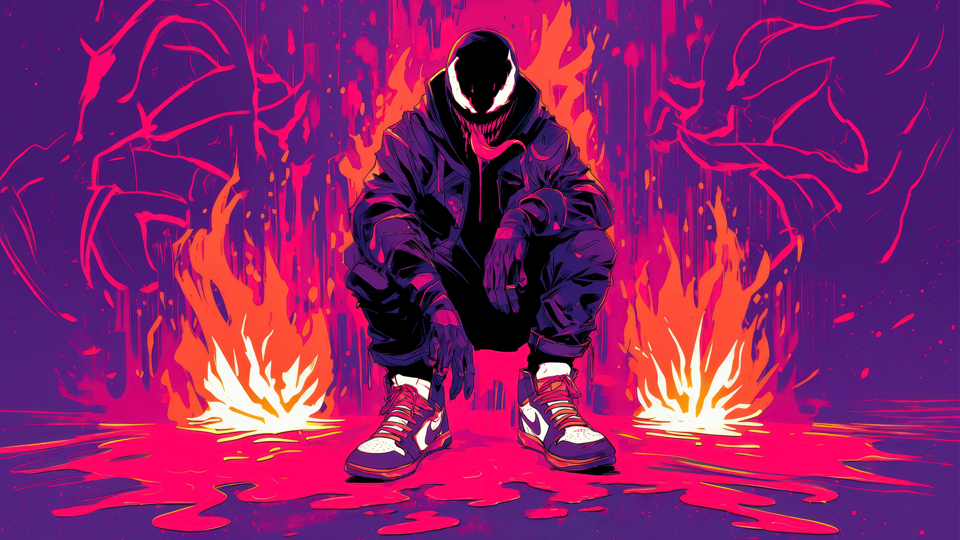 Venom squatting in front of flames 4K HD Wallpaper