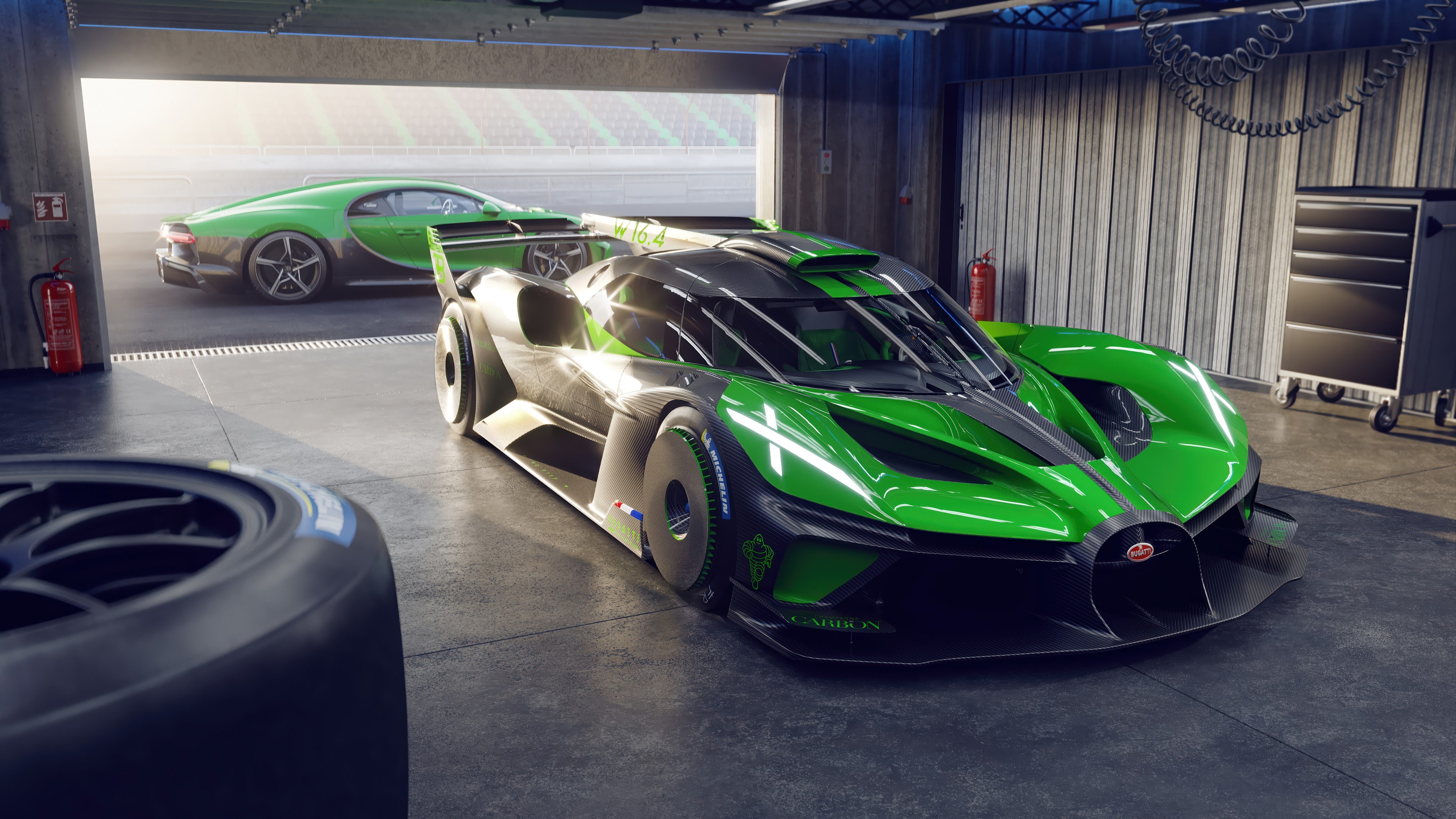Bugatti Bolide and Chiron in a garage HD Wallpaper