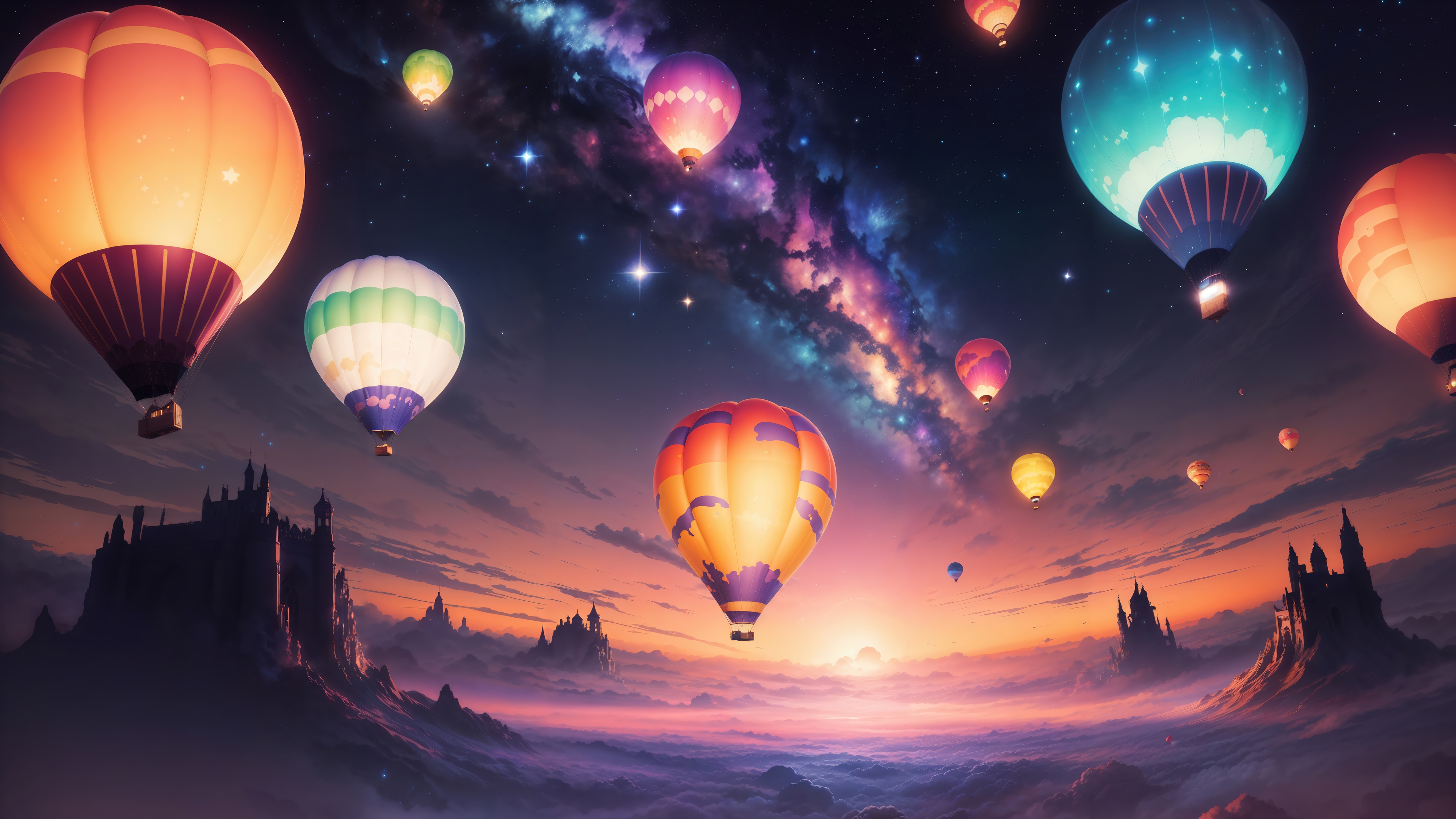 Hot Air Balloons Over Fantasy Castles at Sunrise 4K HD Wallpaper