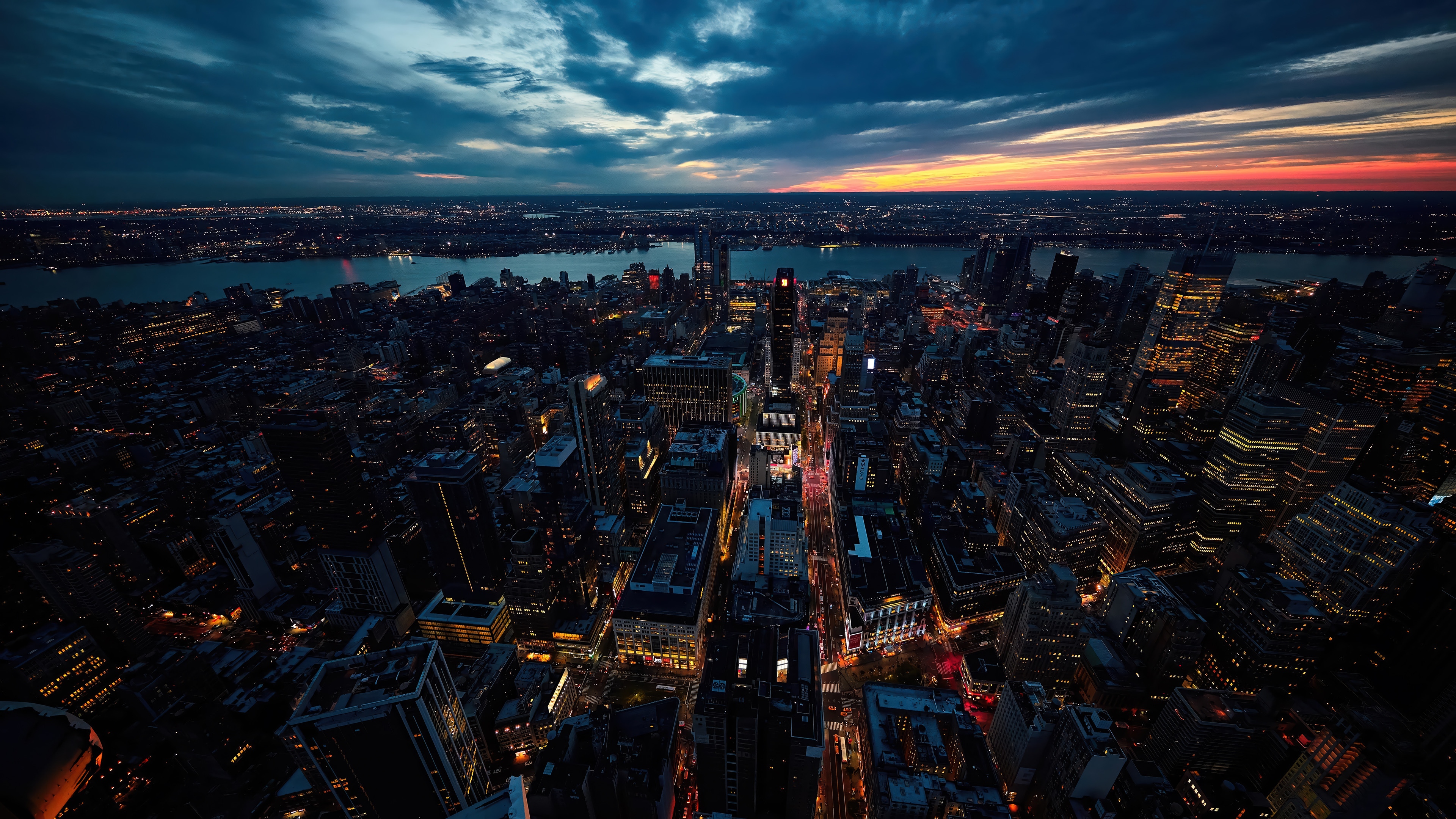 Aerial view of New York City at sunset 4K HD Wallpaper