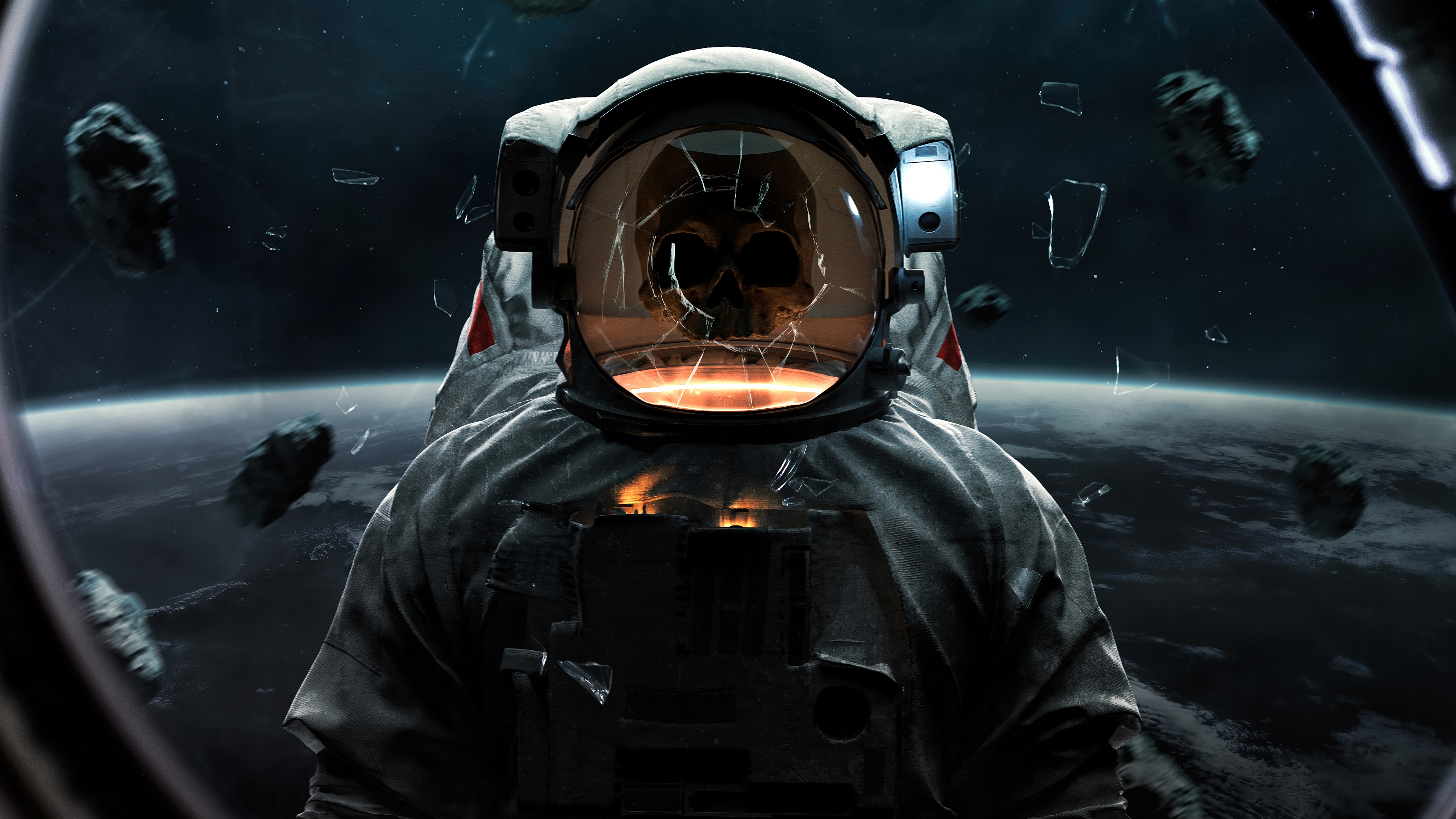 Astronaut with cracked helmet and skull reflection in space HD Wallpaper