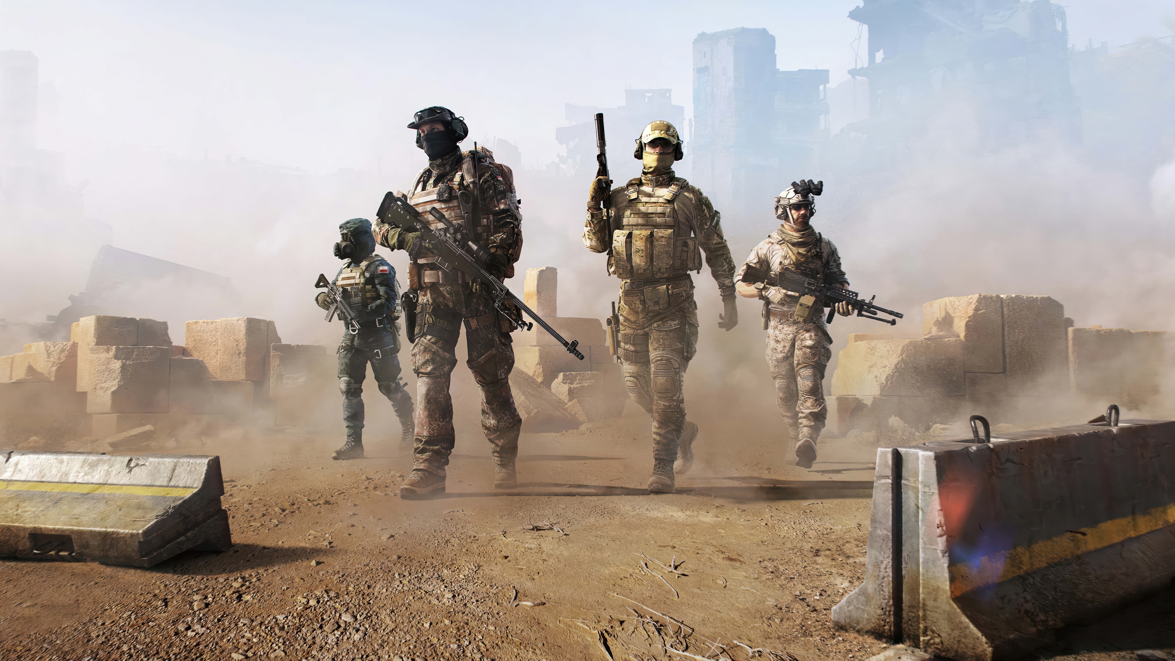 Four soldiers in a war-torn environment HD Wallpaper