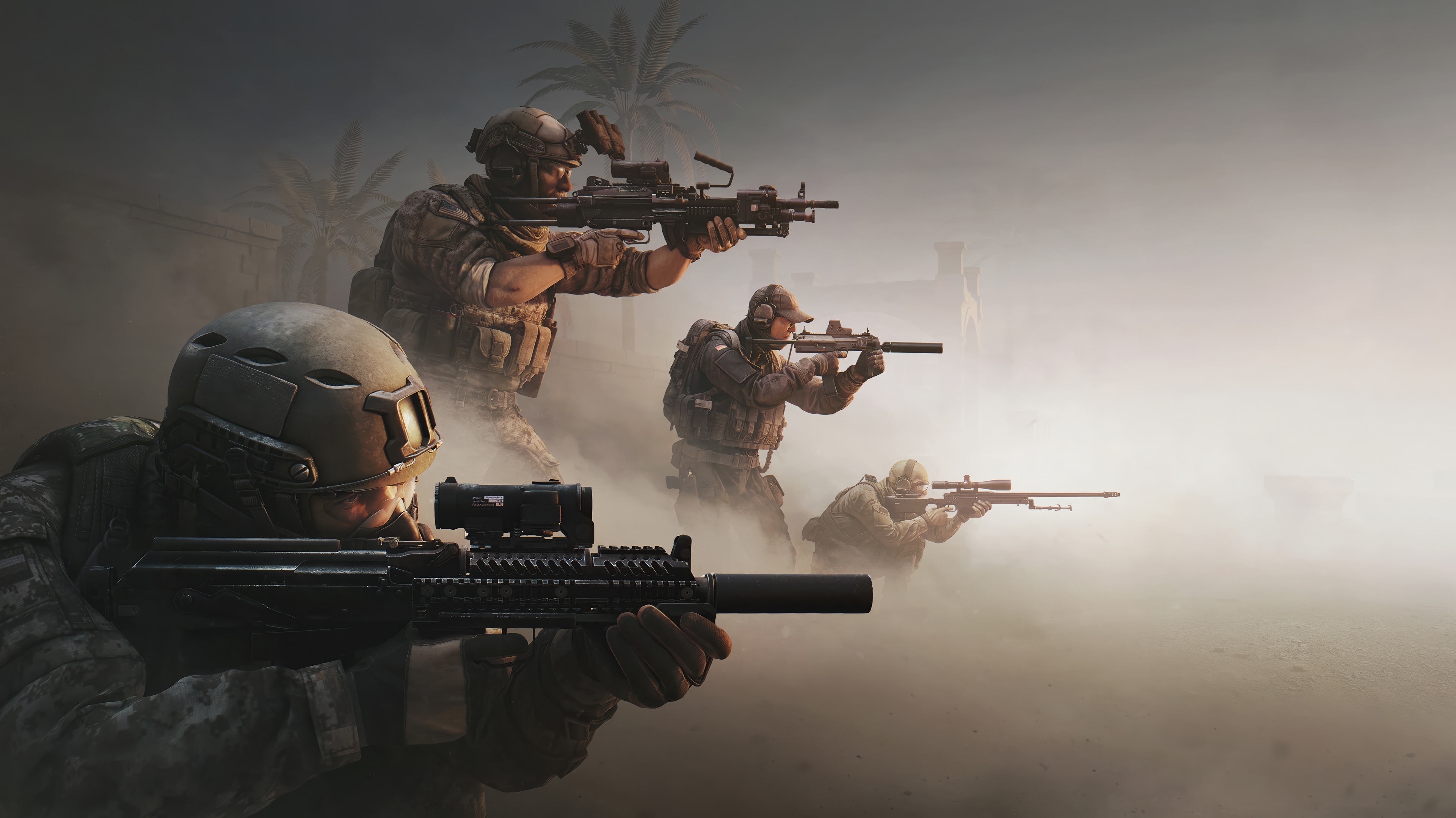 Soldiers in a dusty environment with rifles HD Wallpaper