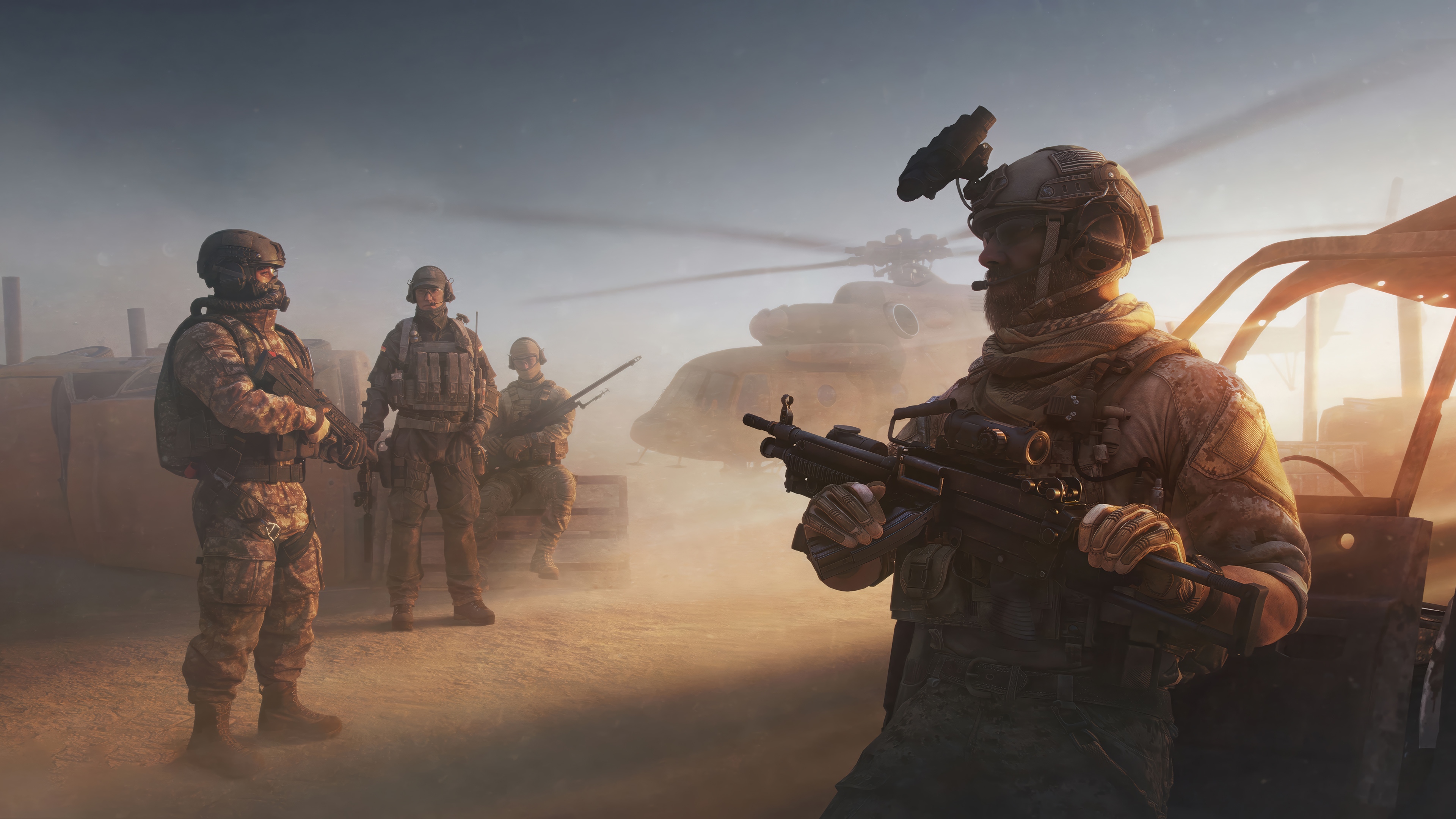 Soldiers in a desert with a helicopter HD Wallpaper