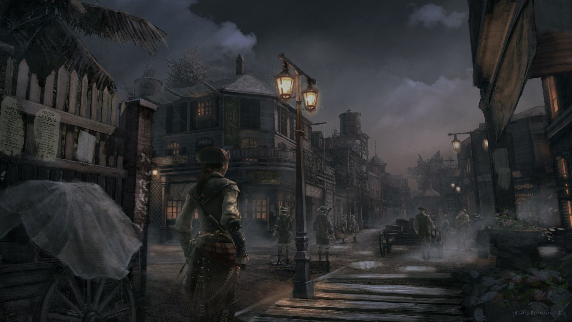 Steampunk street scene with people and gas lamps HD Wallpaper