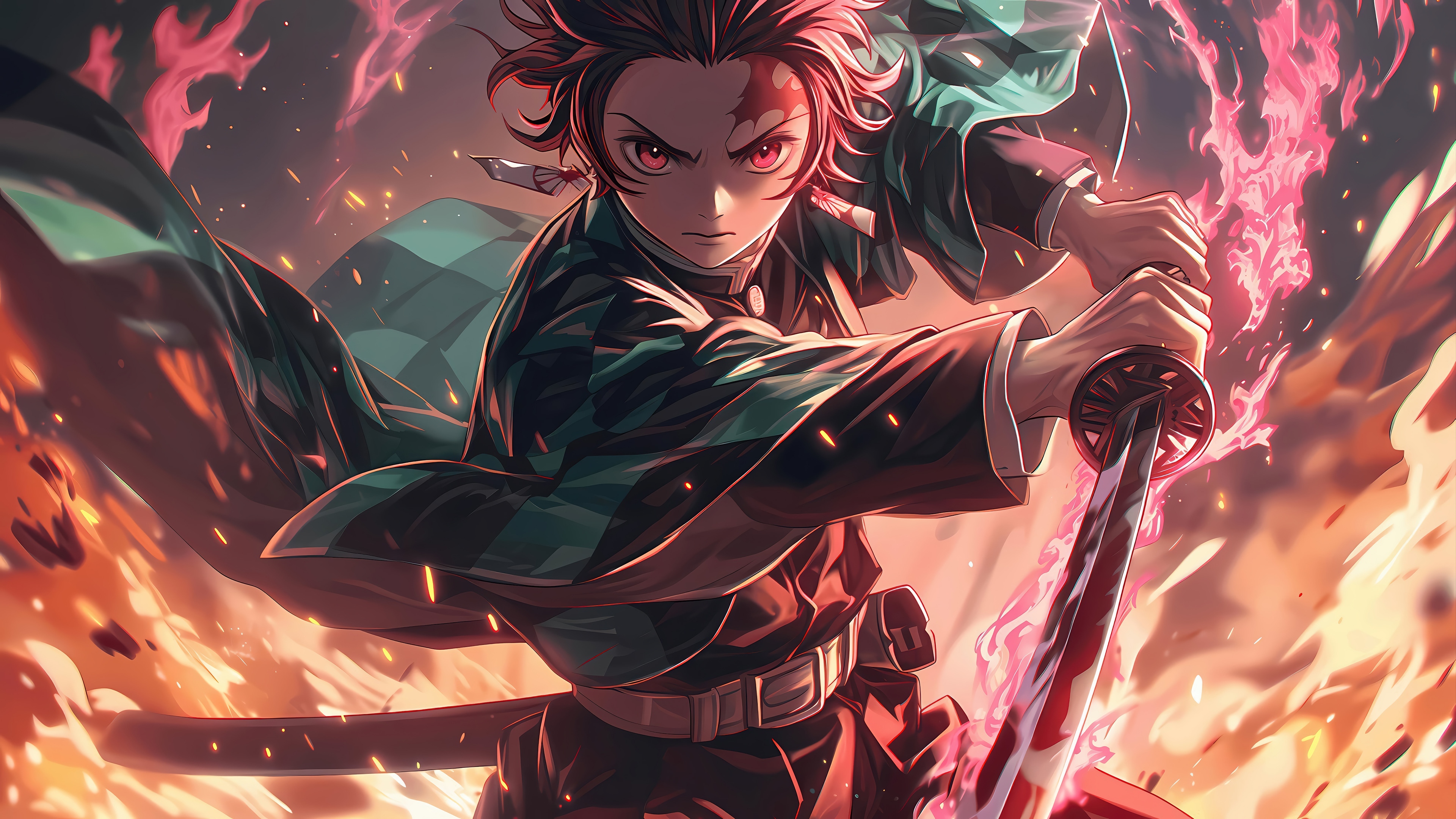 Tanjiro Kamado with flaming katana in 4K HD Wallpaper