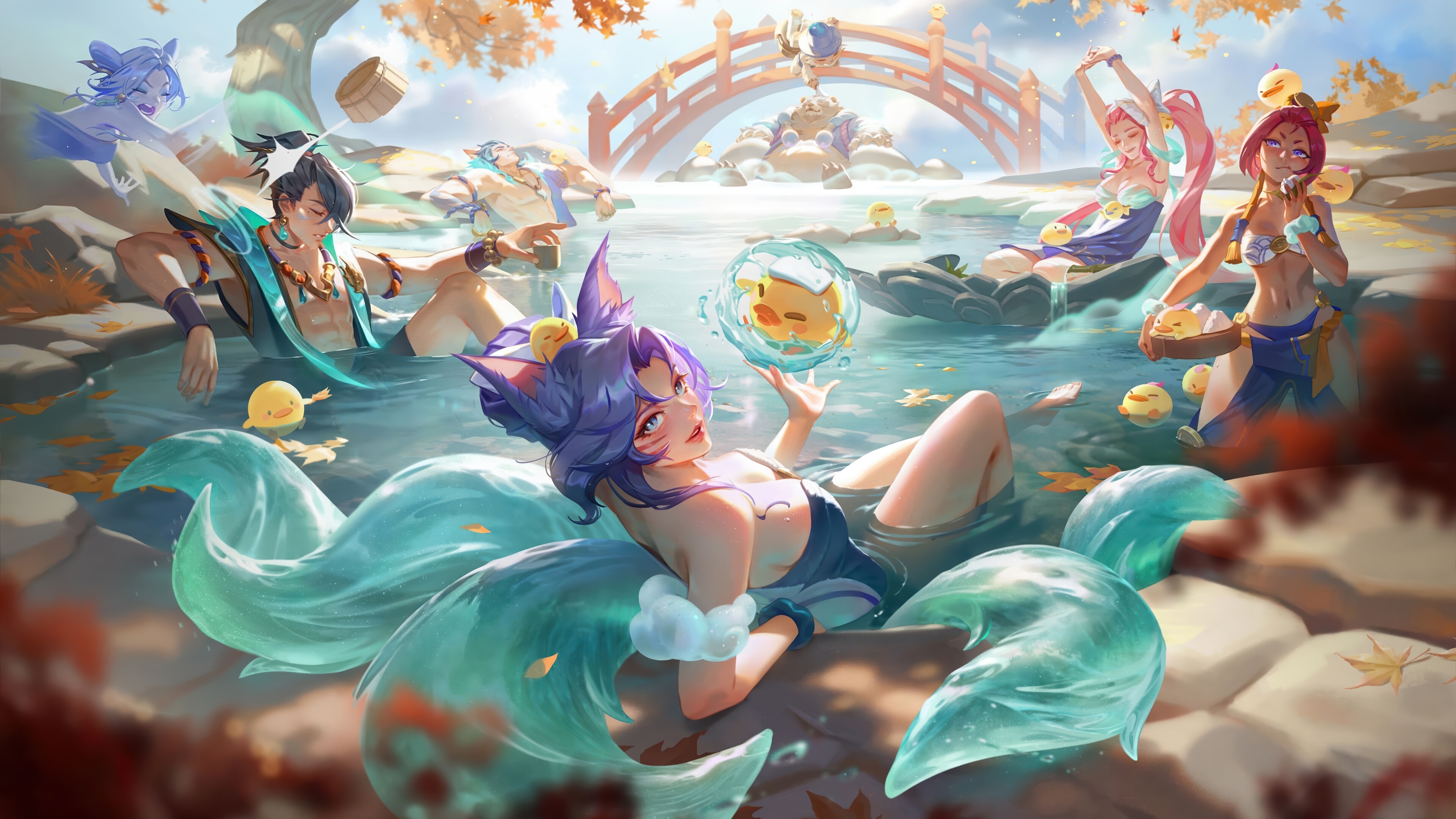 Spirit Blossom Springs: Ahri and friends relax in a hot spring HD Wallpaper