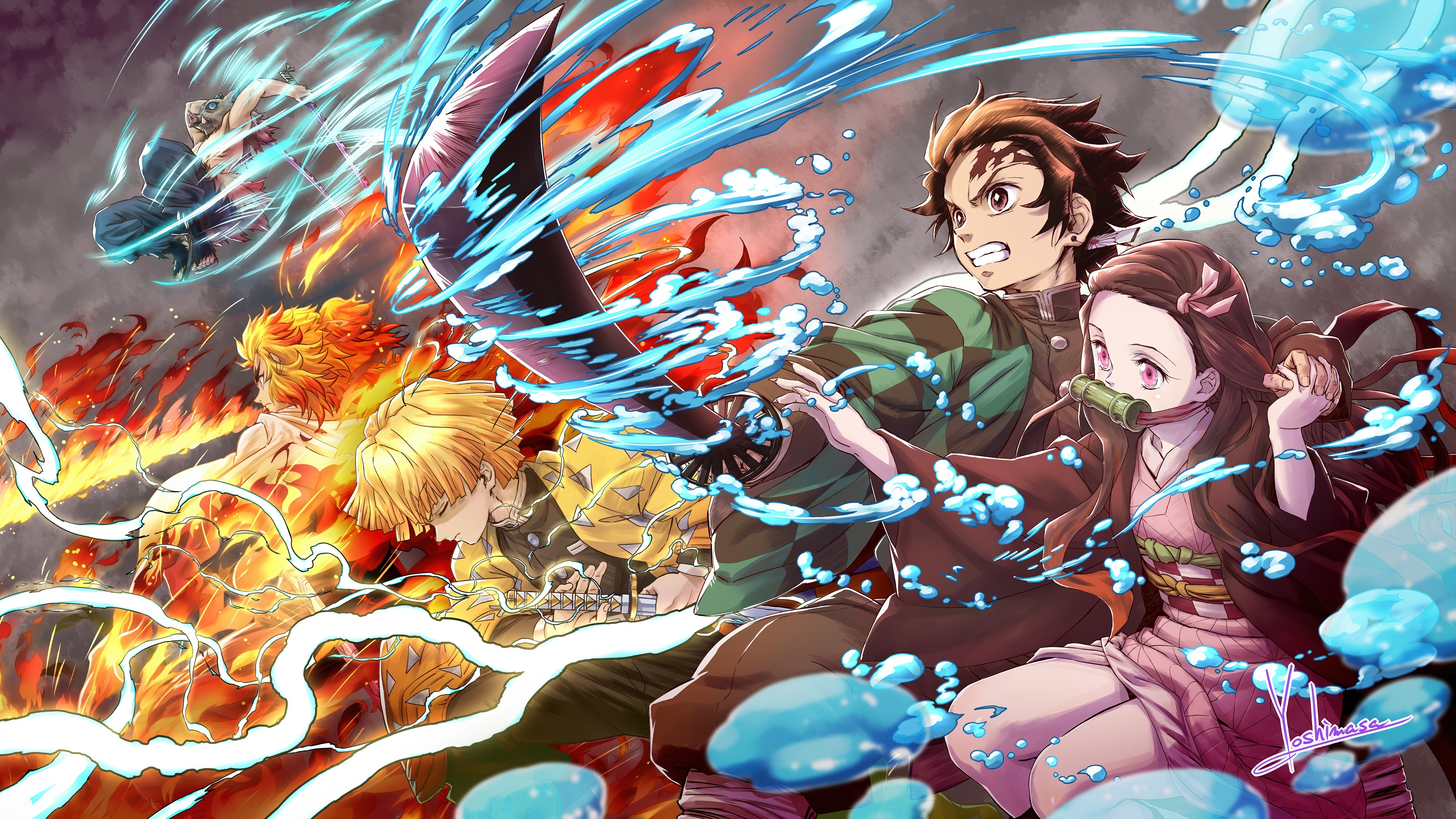 Demon Slayer: Tanjiro, Nezuko, Zenitsu, Rengoku, Inosuke 4K HD Wallpaper