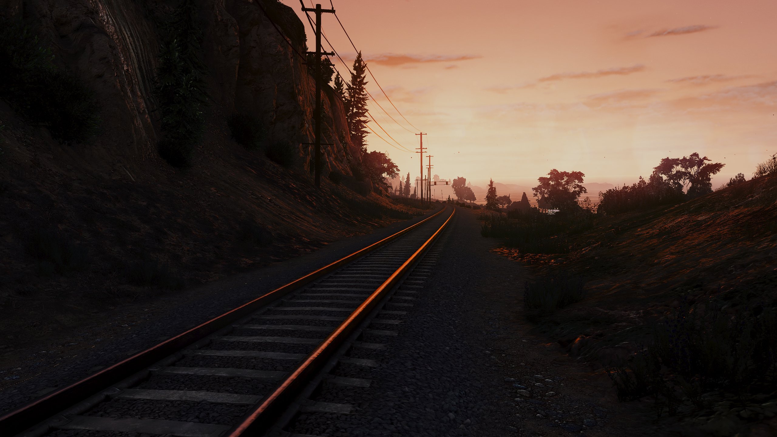 Grand Theft Auto V Redux train tracks at sunset HD Wallpaper