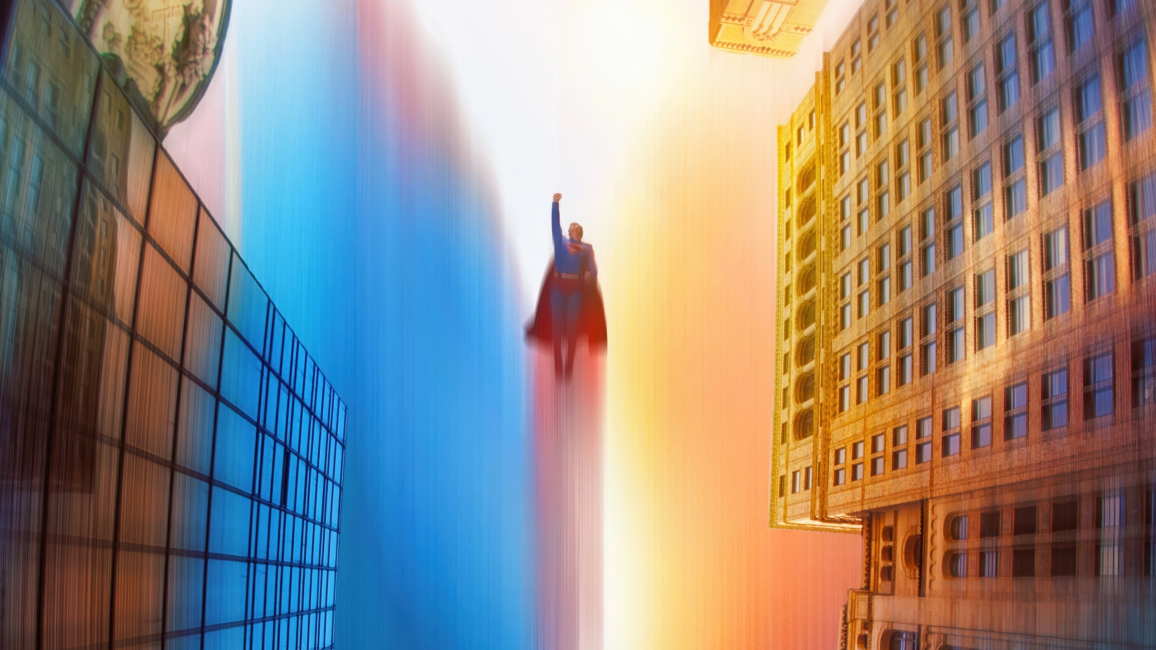 Superman flying through a city 4K HD Wallpaper