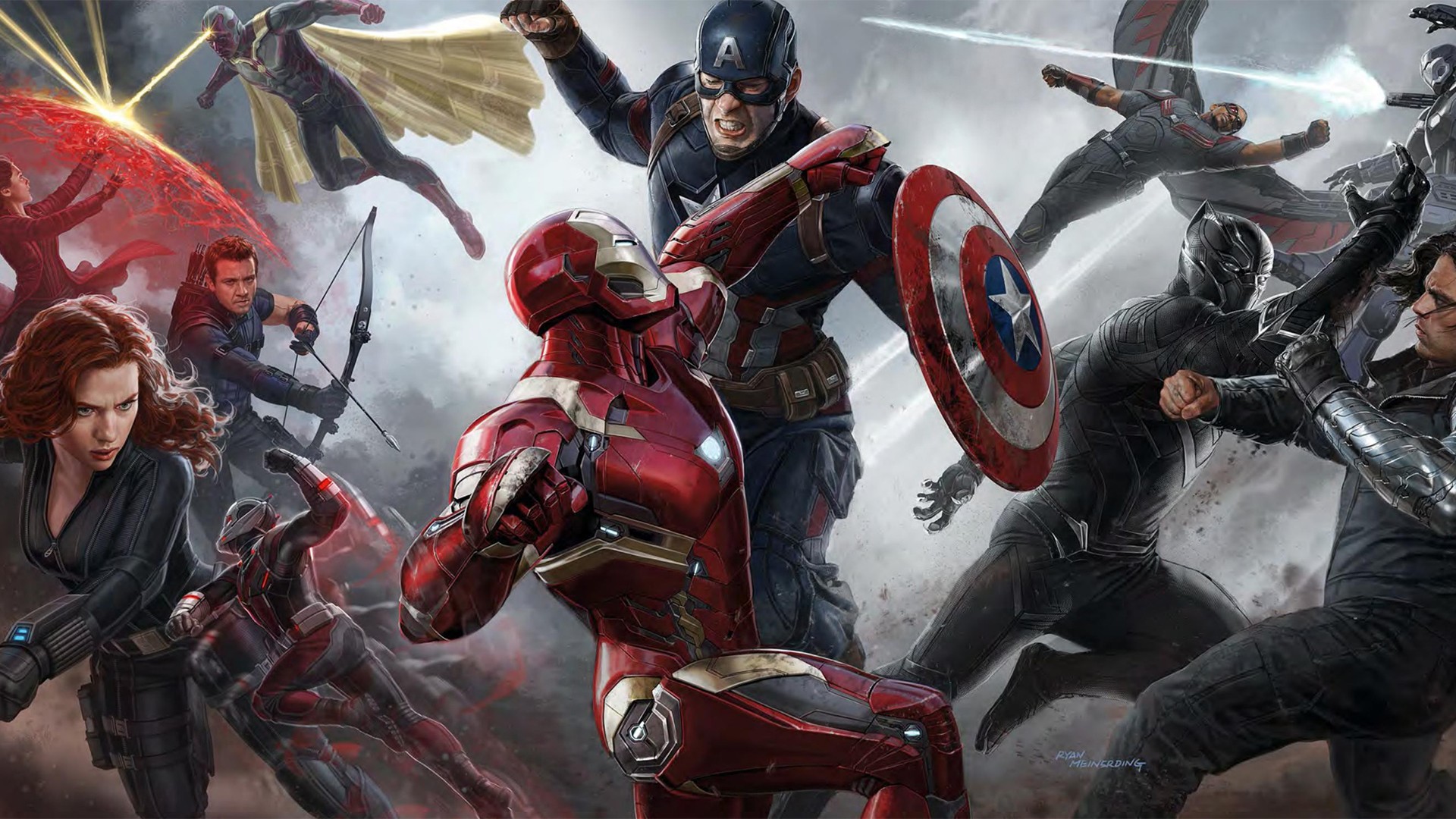 Captain America, Iron Man, Black Widow, Hawkeye, Ant-Man, Black Panther, Vision, Falcon, and Winter Soldier in battle HD Wallpaper