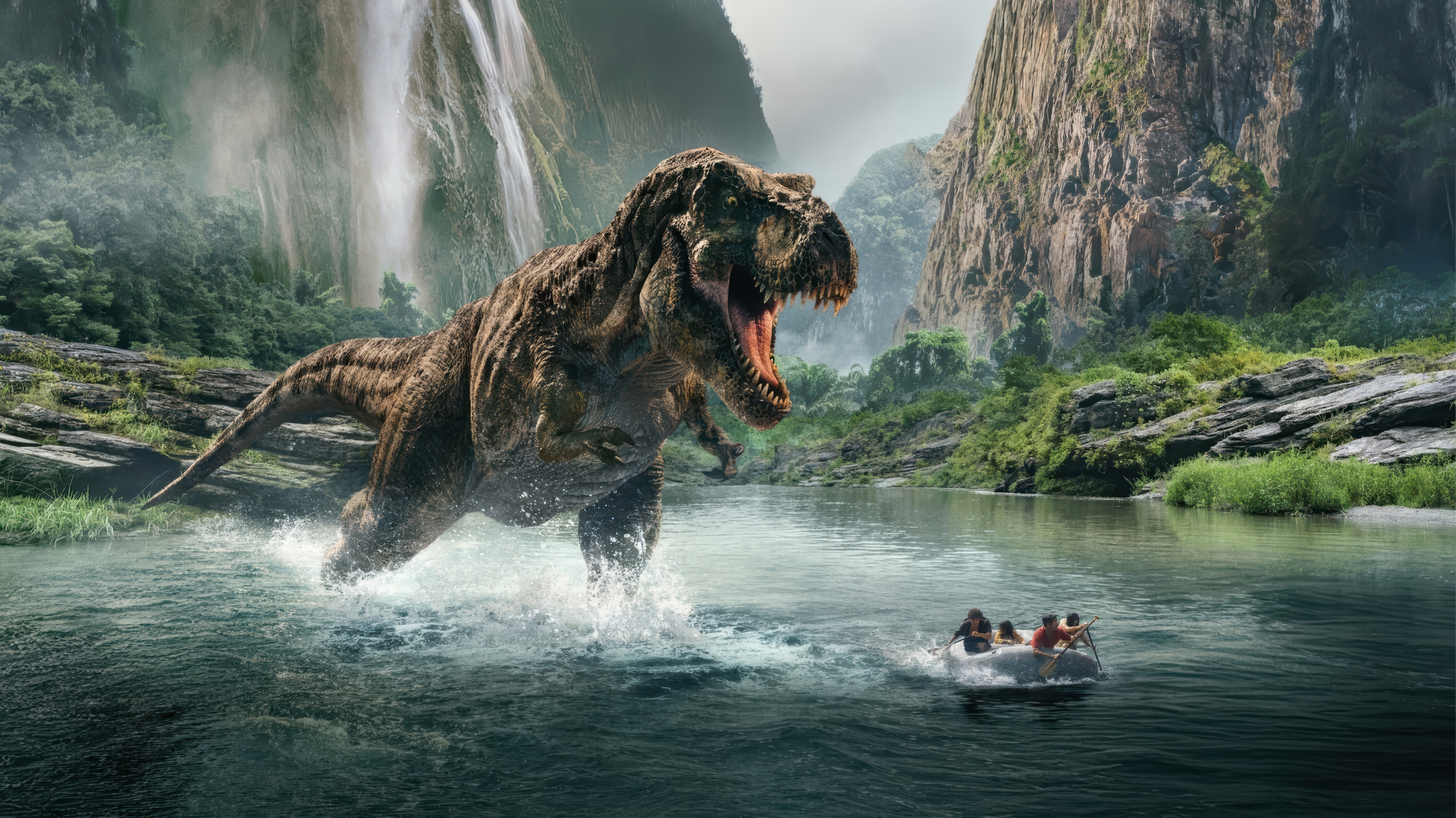 Tyrannosaurus Rex chasing a raft in Jurassic World 4K HD Wallpaper