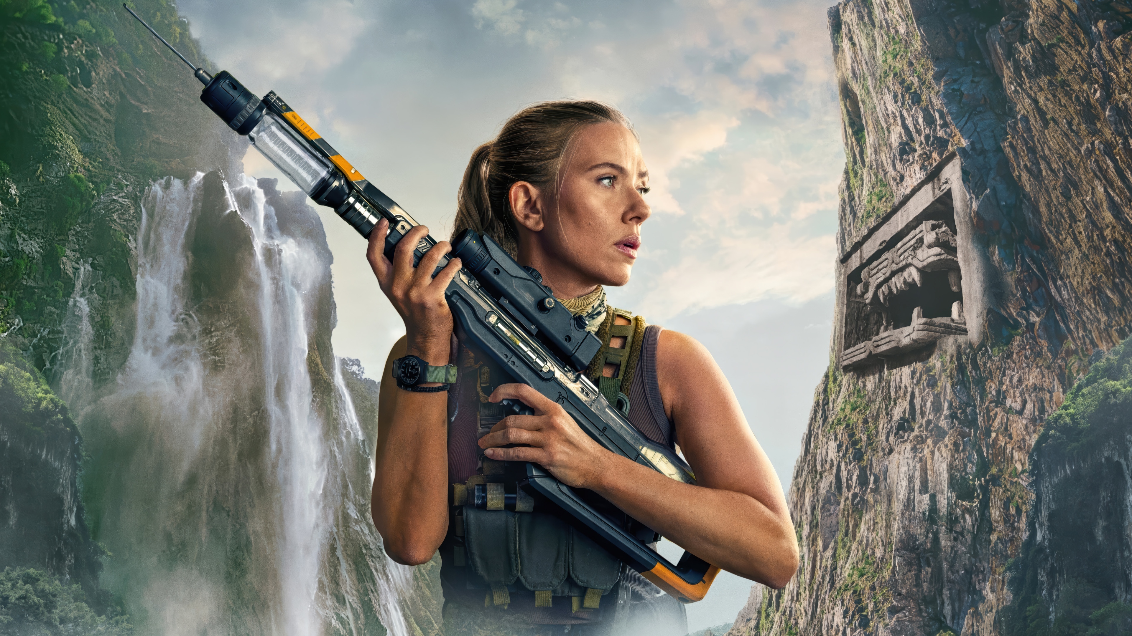 Scarlett Johansson with futuristic rifle in jungle HD Wallpaper