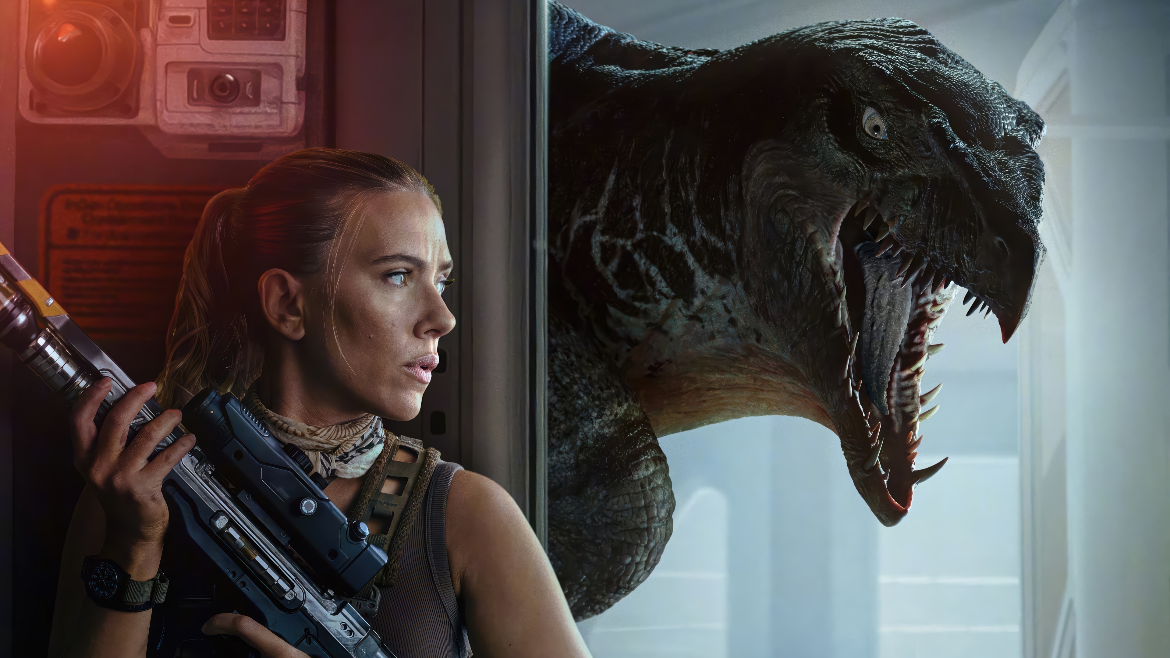 Scarlett Johansson and Dinosaur in Jurassic World Rebirth 4K HD Wallpaper