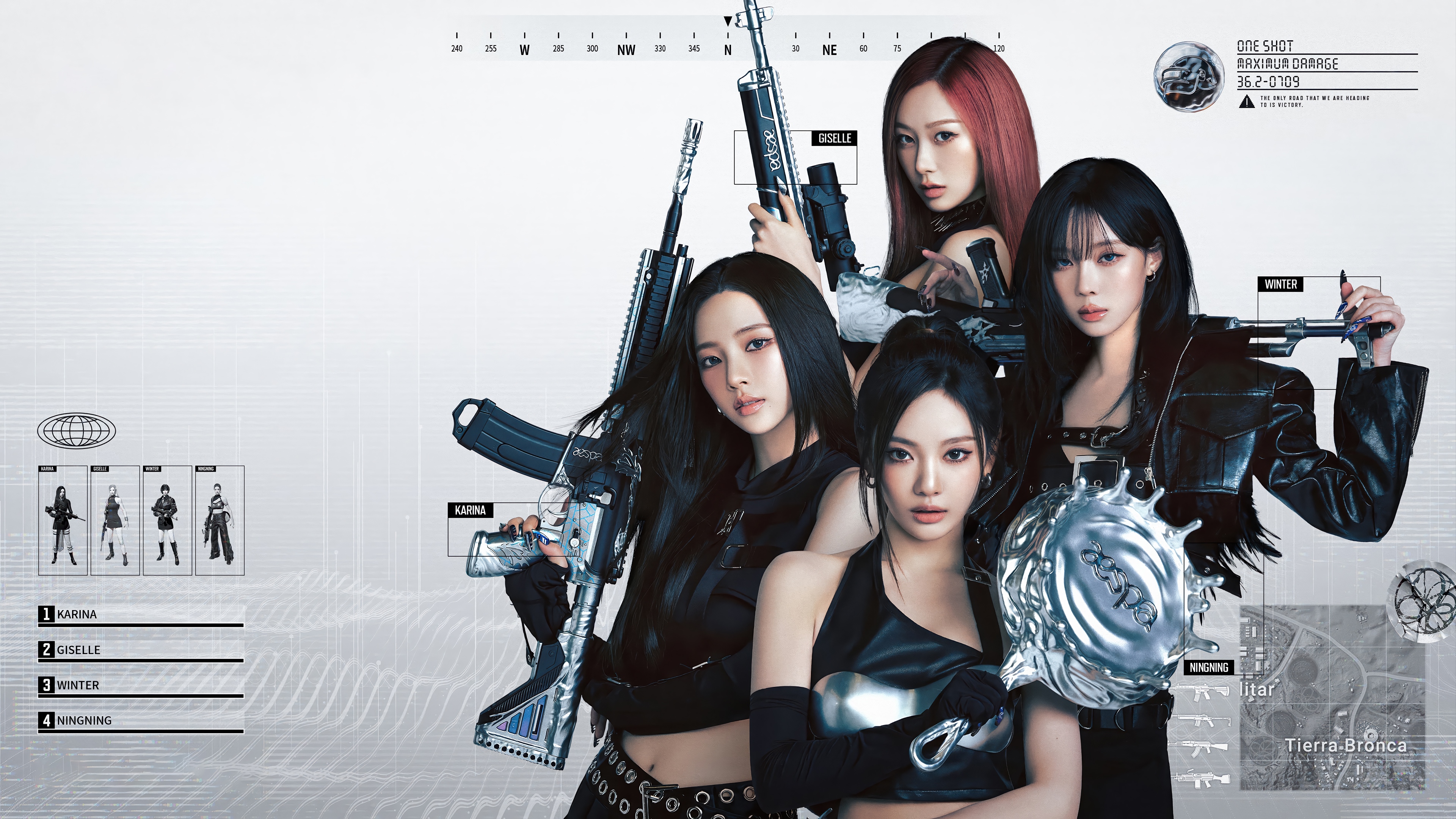 Aespa members Karina, Giselle, Winter, and Ningning with guns HD Wallpaper