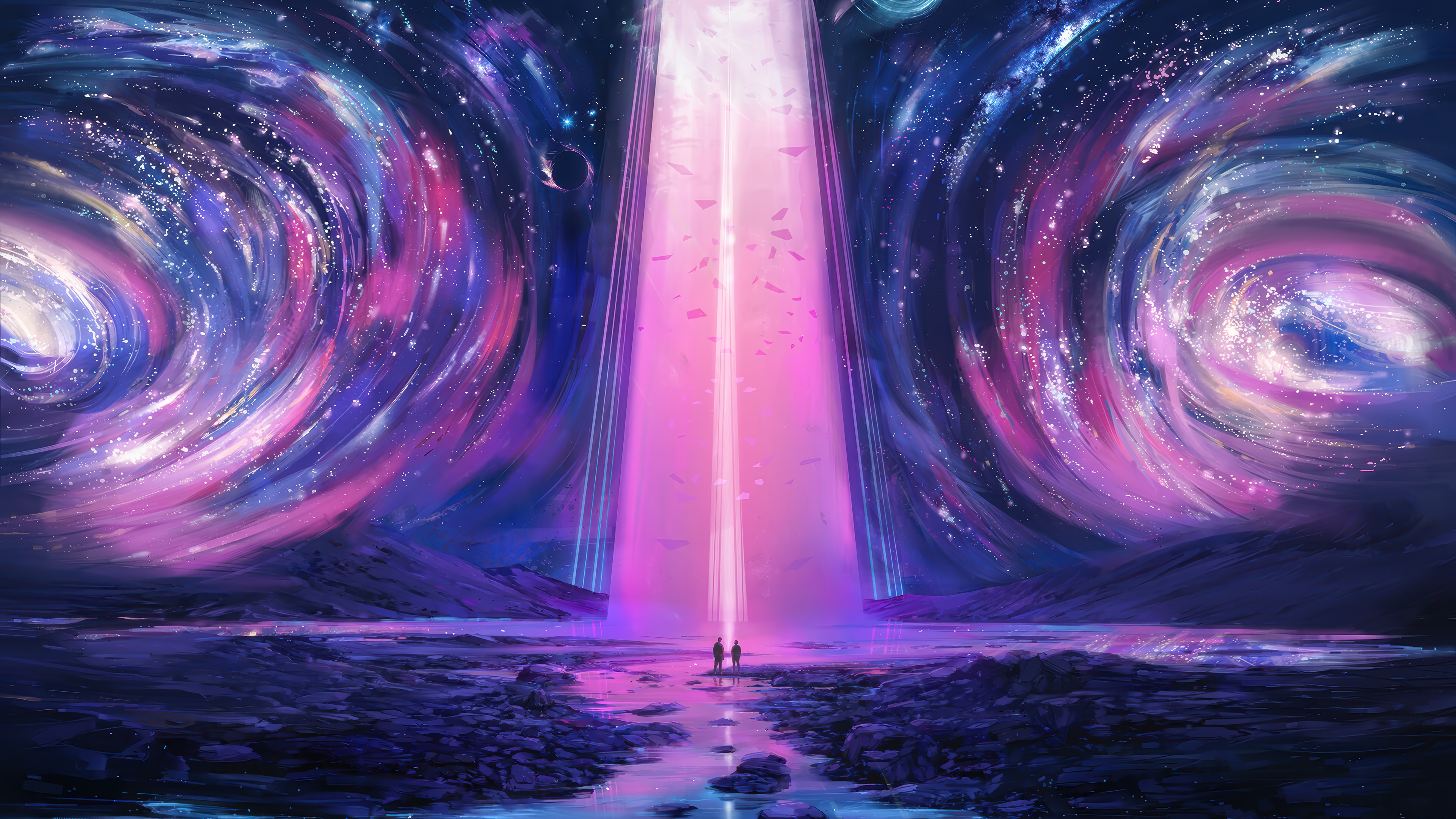 Two figures stand in a cosmic landscape with a light beam HD Wallpaper