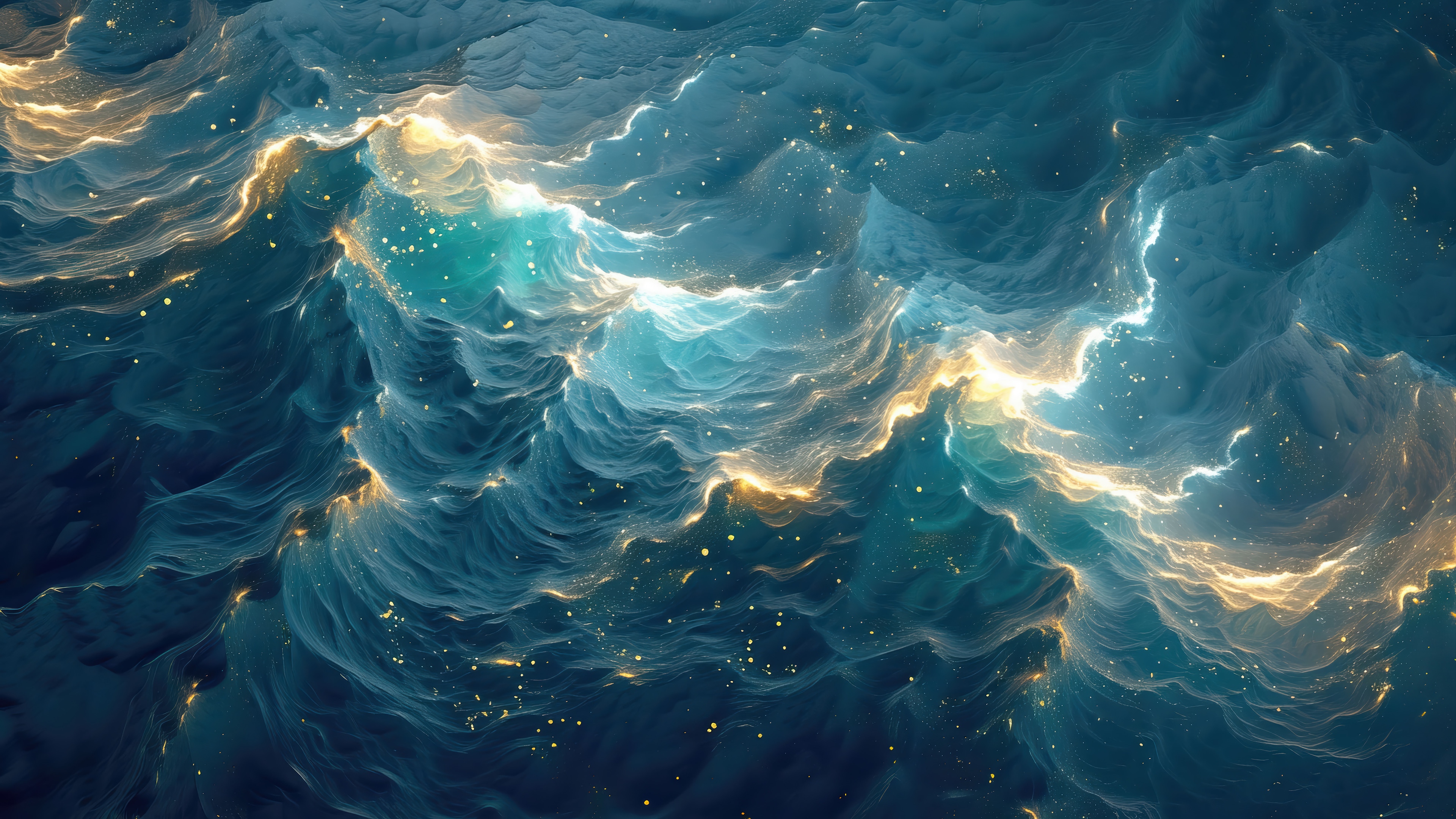 Ocean Waves with Golden Light and Sparkles 4K HD Wallpaper