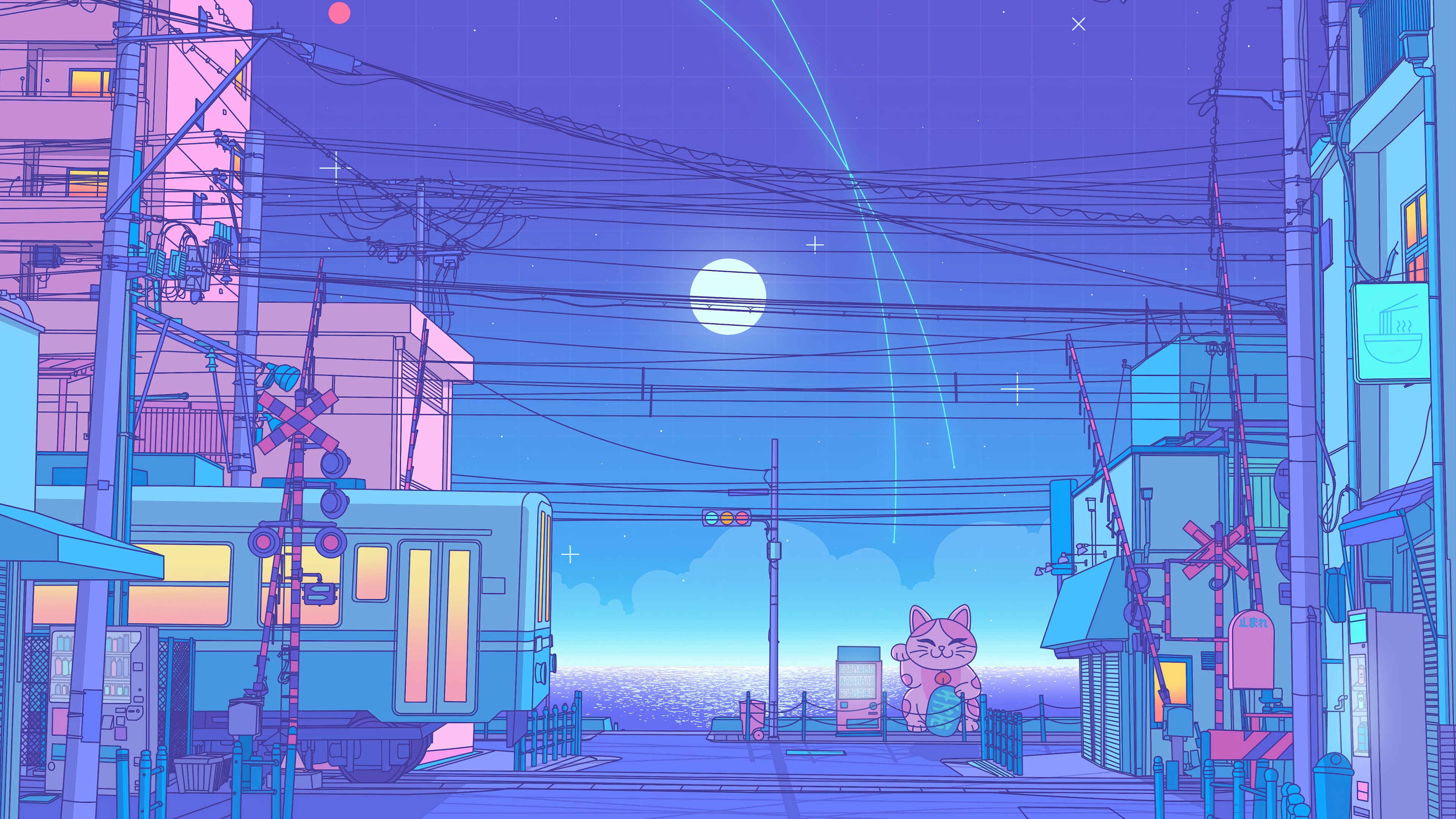 Anime City at Night with Train and Moon 4K HD Wallpaper
